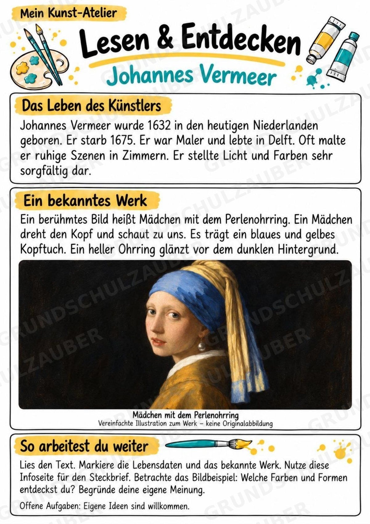 Johannes Vermeer – Künstler-Steckbrief & Infotext | Kunstunterricht Grundschule Klasse 4–5 | Arbeitsblätter mit Lösungen – Materialseite 2