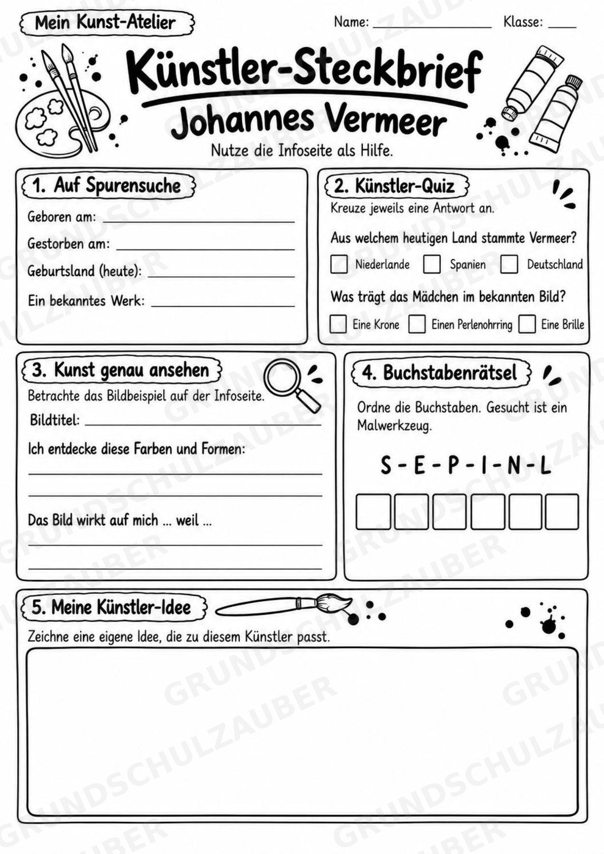 Johannes Vermeer – Künstler-Steckbrief & Infotext | Kunstunterricht Grundschule Klasse 4–5 | Arbeitsblätter mit Lösungen – Materialseite 4