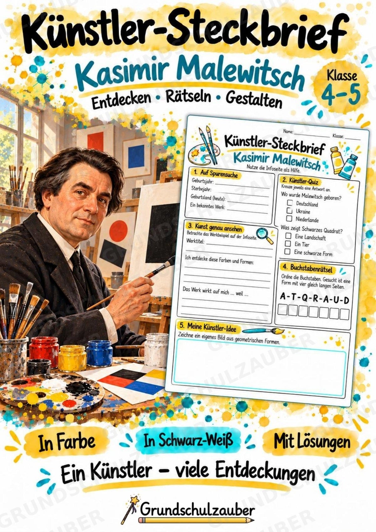 Kasimir Malewitsch – Künstler-Steckbrief & Infotext | Kunstunterricht Grundschule Klasse 4–5 | Arbeitsblätter mit Lösungen – Cover