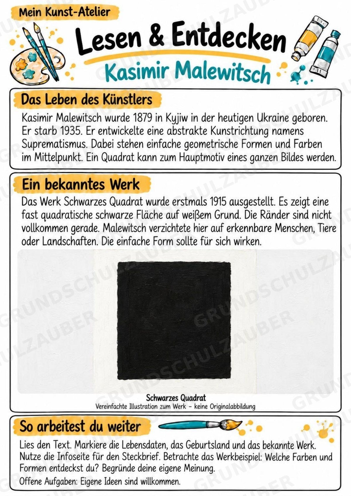 Kasimir Malewitsch – Künstler-Steckbrief & Infotext | Kunstunterricht Grundschule Klasse 4–5 | Arbeitsblätter mit Lösungen – Materialseite 2
