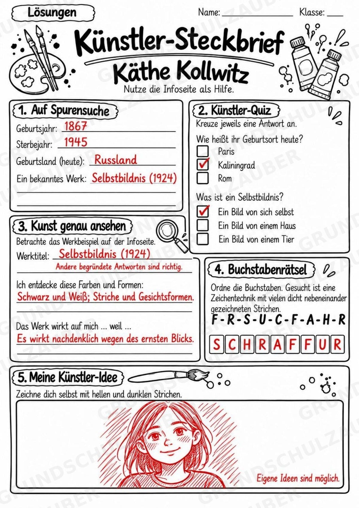 Ka the Kollwitz – Künstler-Steckbrief & Infotext | Kunstunterricht Grundschule Klasse 4–5 | Arbeitsblätter mit Lösungen – Materialseite 5