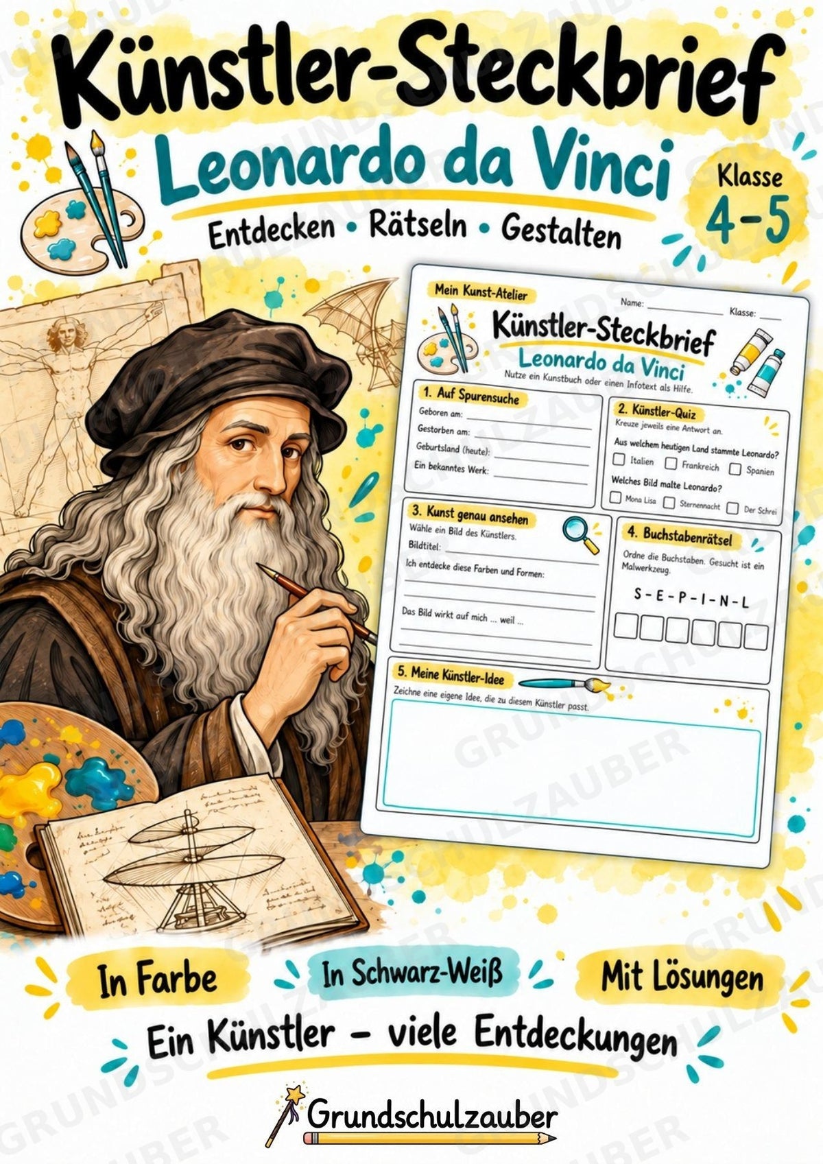 Leonardo da Vinci – Künstler-Steckbrief & Infotext | Kunstunterricht Grundschule Klasse 4–5 | Arbeitsblätter mit Lösungen – Cover