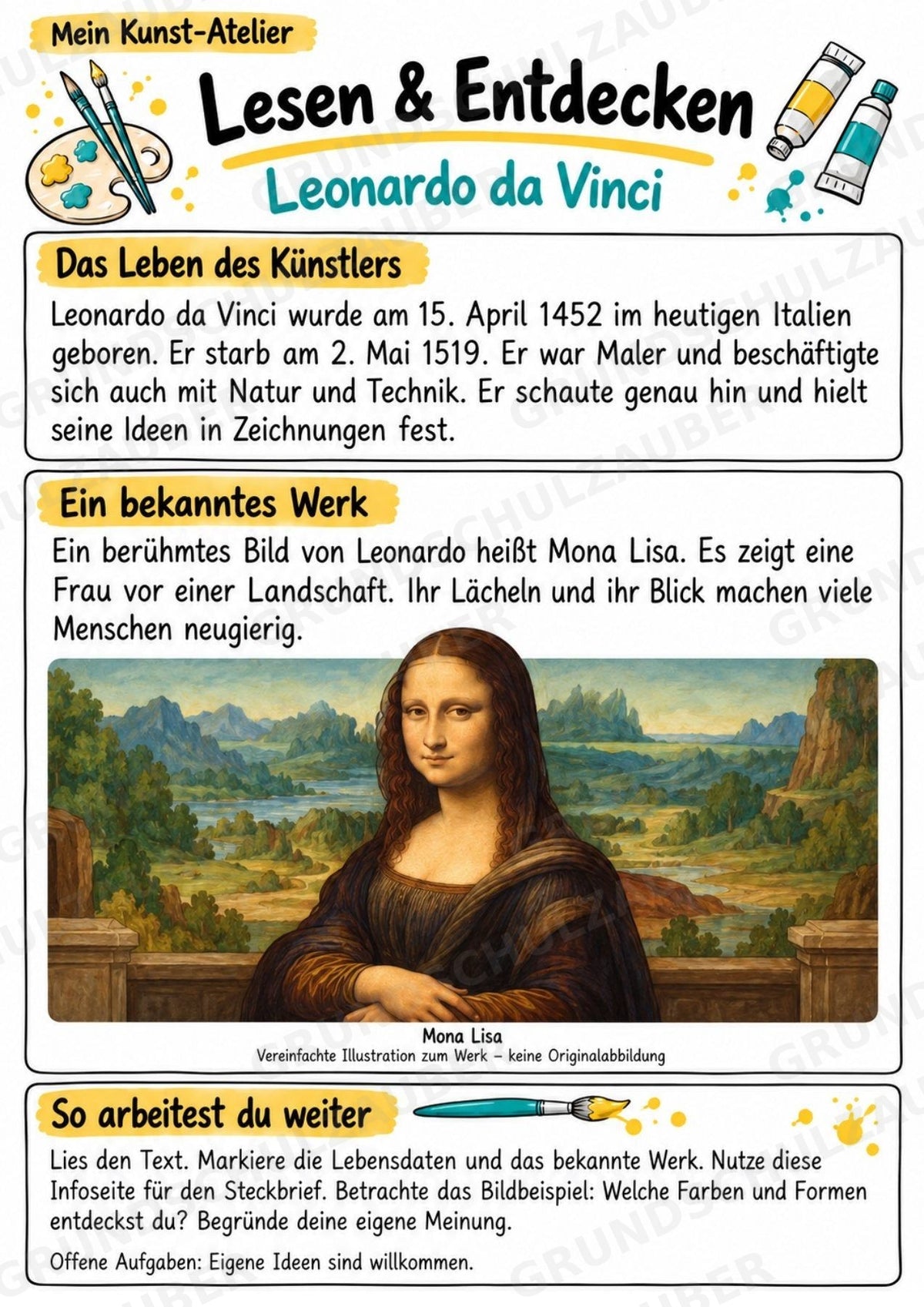 Leonardo da Vinci – Künstler-Steckbrief & Infotext | Kunstunterricht Grundschule Klasse 4–5 | Arbeitsblätter mit Lösungen – Materialseite 2