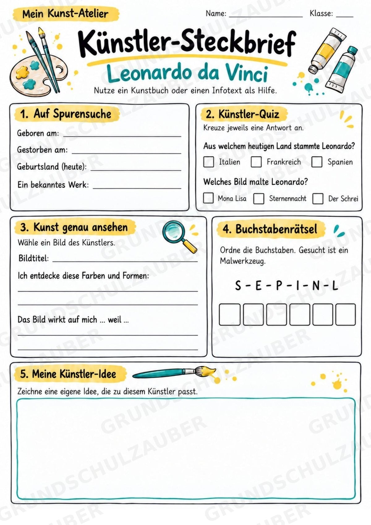 Leonardo da Vinci – Künstler-Steckbrief & Infotext | Kunstunterricht Grundschule Klasse 4–5 | Arbeitsblätter mit Lösungen – Materialseite 3