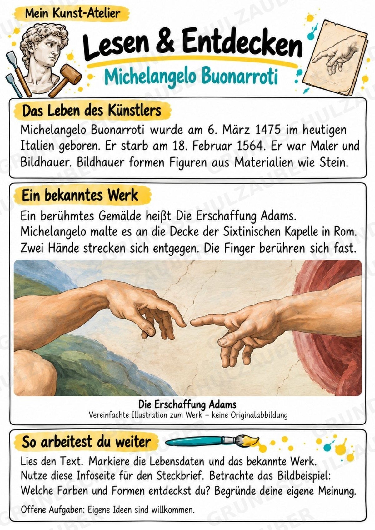 Michelangelo Buonarroti – Künstler-Steckbrief & Infotext | Kunstunterricht Grundschule Klasse 4–5 | Arbeitsblätter mit Lösungen – Materialseite 2
