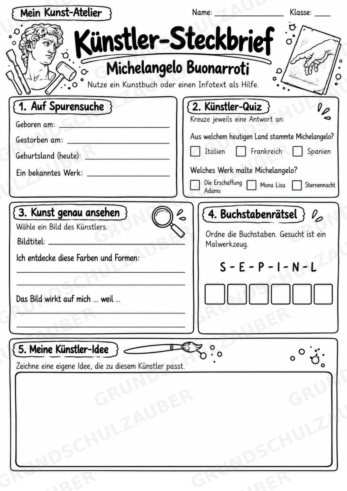 Michelangelo Buonarroti – Künstler-Steckbrief & Infotext | Kunstunterricht Grundschule Klasse 4–5 | Arbeitsblätter mit Lösungen – Materialseite 4