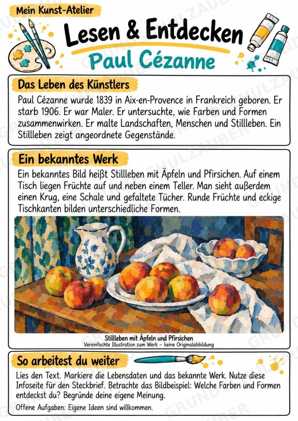 Paul Ce zanne – Künstler-Steckbrief & Infotext | Kunstunterricht Grundschule Klasse 4–5 | Arbeitsblätter mit Lösungen – Materialseite 2