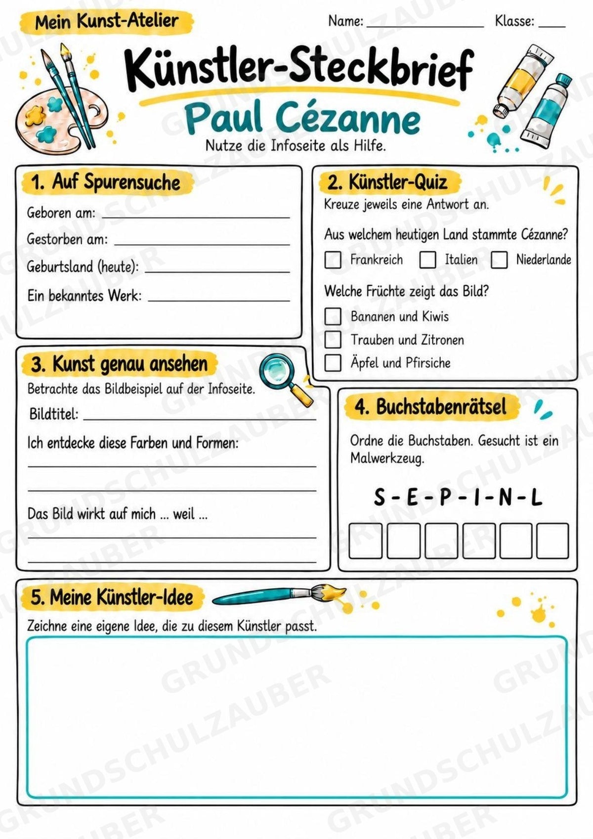 Paul Ce zanne – Künstler-Steckbrief & Infotext | Kunstunterricht Grundschule Klasse 4–5 | Arbeitsblätter mit Lösungen – Materialseite 3