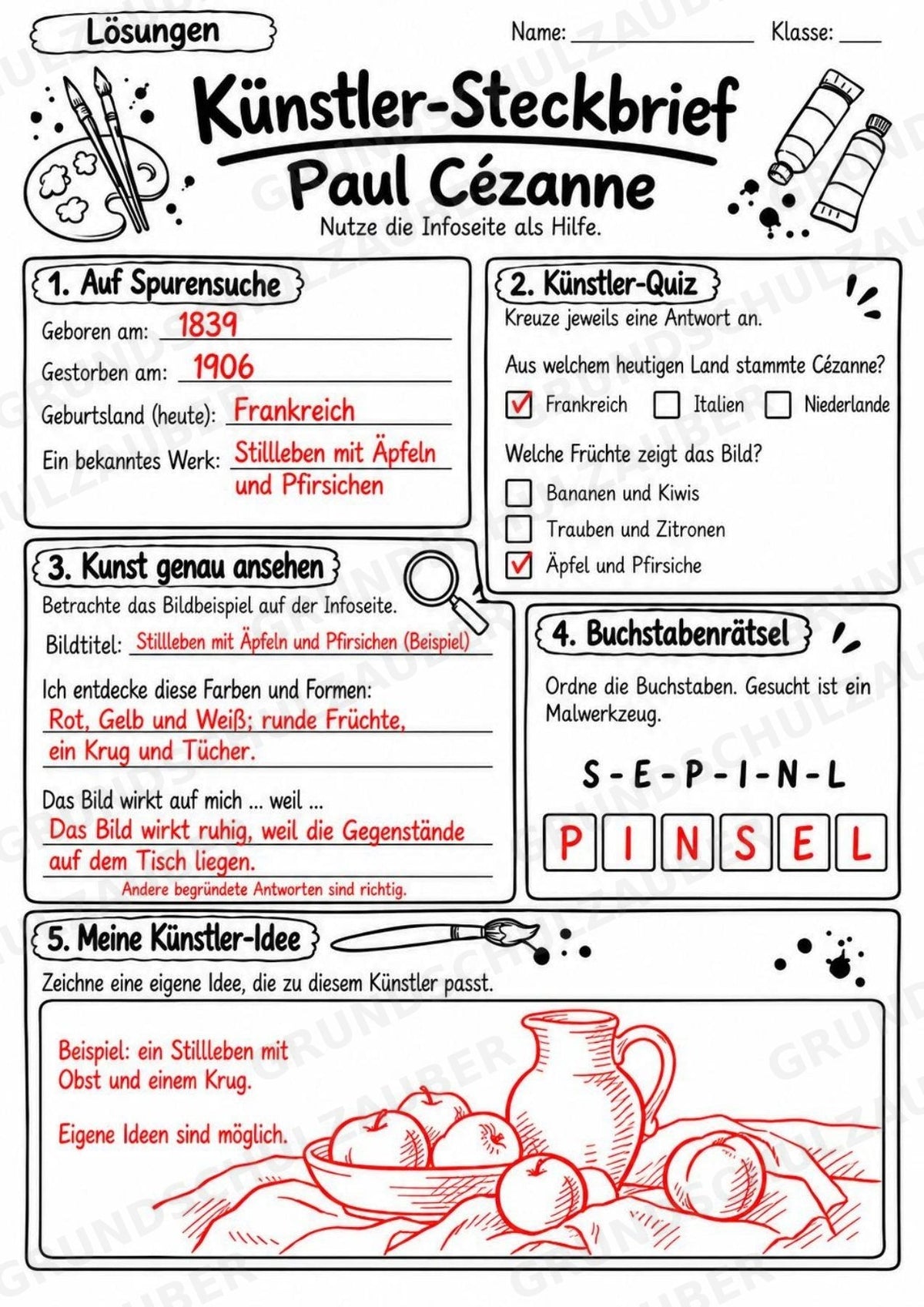 Paul Ce zanne – Künstler-Steckbrief & Infotext | Kunstunterricht Grundschule Klasse 4–5 | Arbeitsblätter mit Lösungen – Materialseite 5