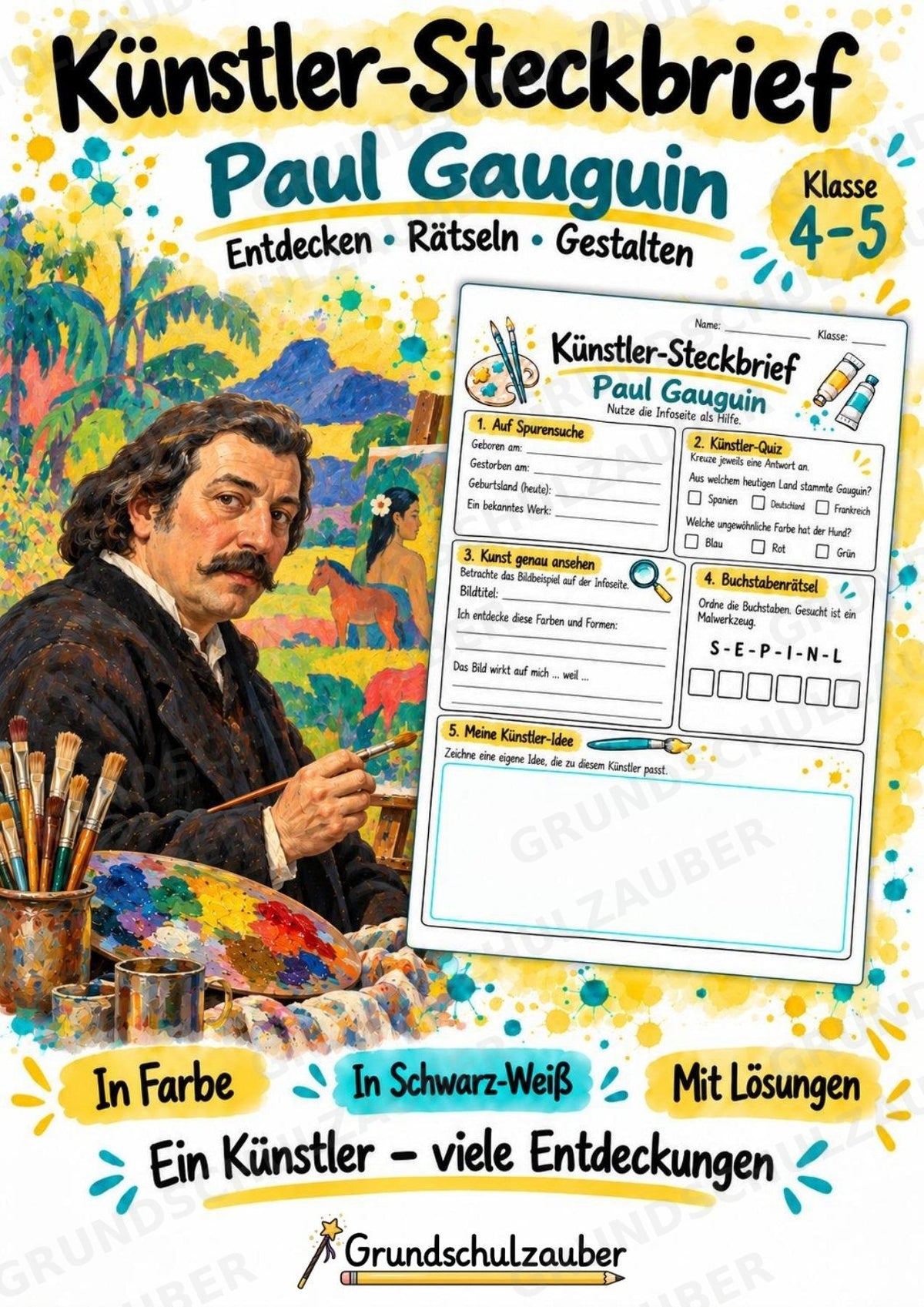 Paul Gauguin – Künstler-Steckbrief & Infotext | Kunstunterricht Grundschule Klasse 4–5 | Arbeitsblätter mit Lösungen – Cover