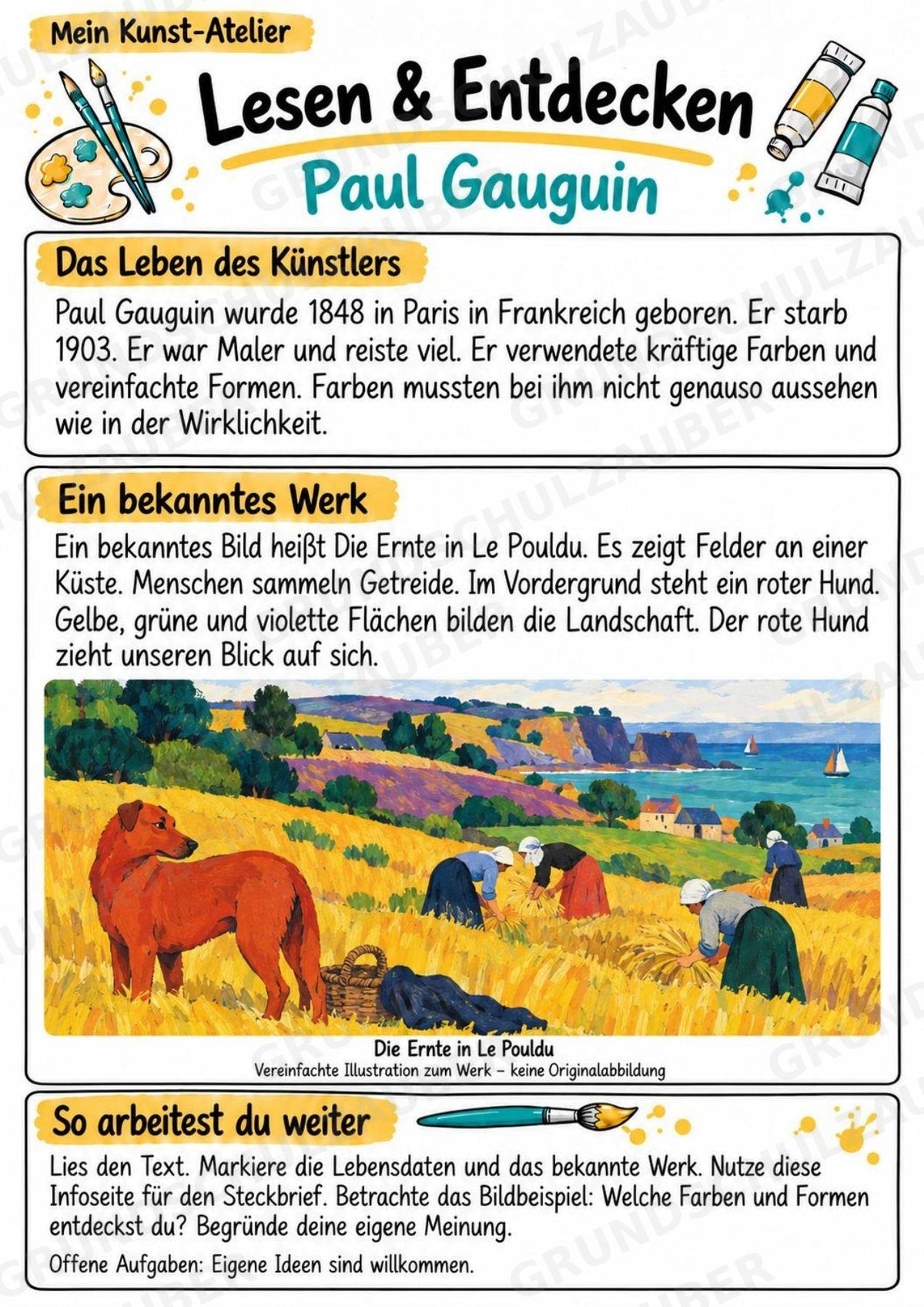 Paul Gauguin – Künstler-Steckbrief & Infotext | Kunstunterricht Grundschule Klasse 4–5 | Arbeitsblätter mit Lösungen – Materialseite 2