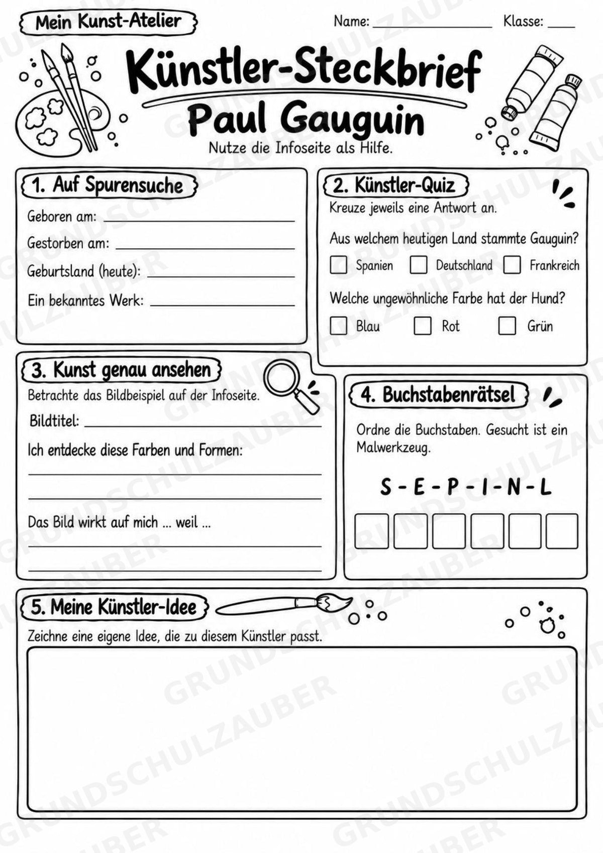 Paul Gauguin – Künstler-Steckbrief & Infotext | Kunstunterricht Grundschule Klasse 4–5 | Arbeitsblätter mit Lösungen – Materialseite 4