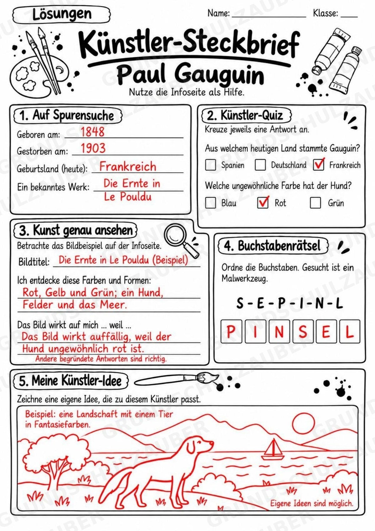 Paul Gauguin – Künstler-Steckbrief & Infotext | Kunstunterricht Grundschule Klasse 4–5 | Arbeitsblätter mit Lösungen – Materialseite 5