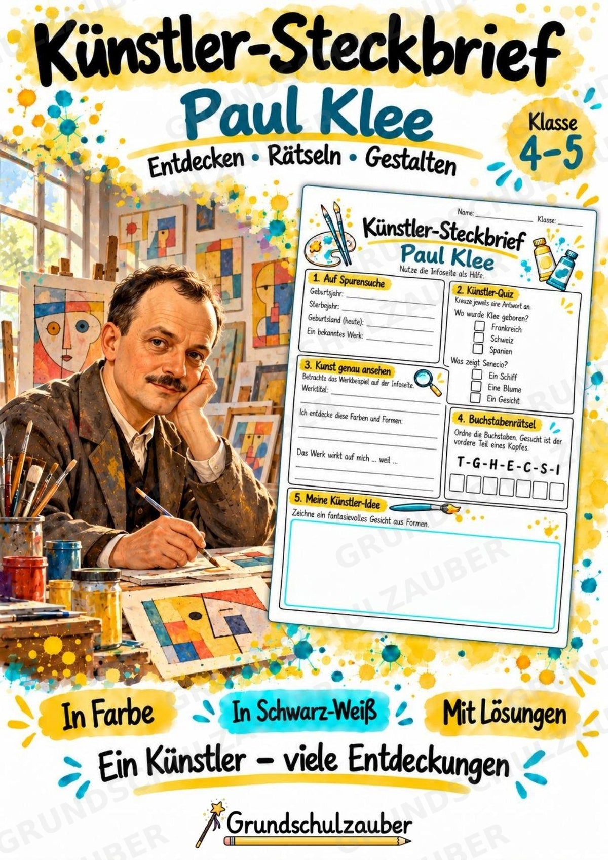 Paul Klee – Künstler-Steckbrief & Infotext | Kunstunterricht Grundschule Klasse 4–5 | Arbeitsblätter mit Lösungen – Cover