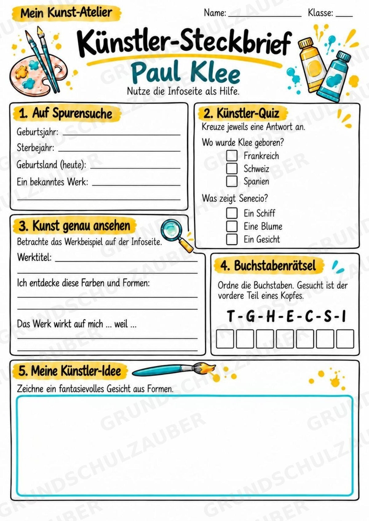 Paul Klee – Künstler-Steckbrief & Infotext | Kunstunterricht Grundschule Klasse 4–5 | Arbeitsblätter mit Lösungen – Materialseite 3