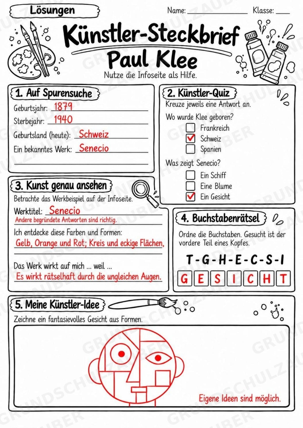 Paul Klee – Künstler-Steckbrief & Infotext | Kunstunterricht Grundschule Klasse 4–5 | Arbeitsblätter mit Lösungen – Materialseite 5