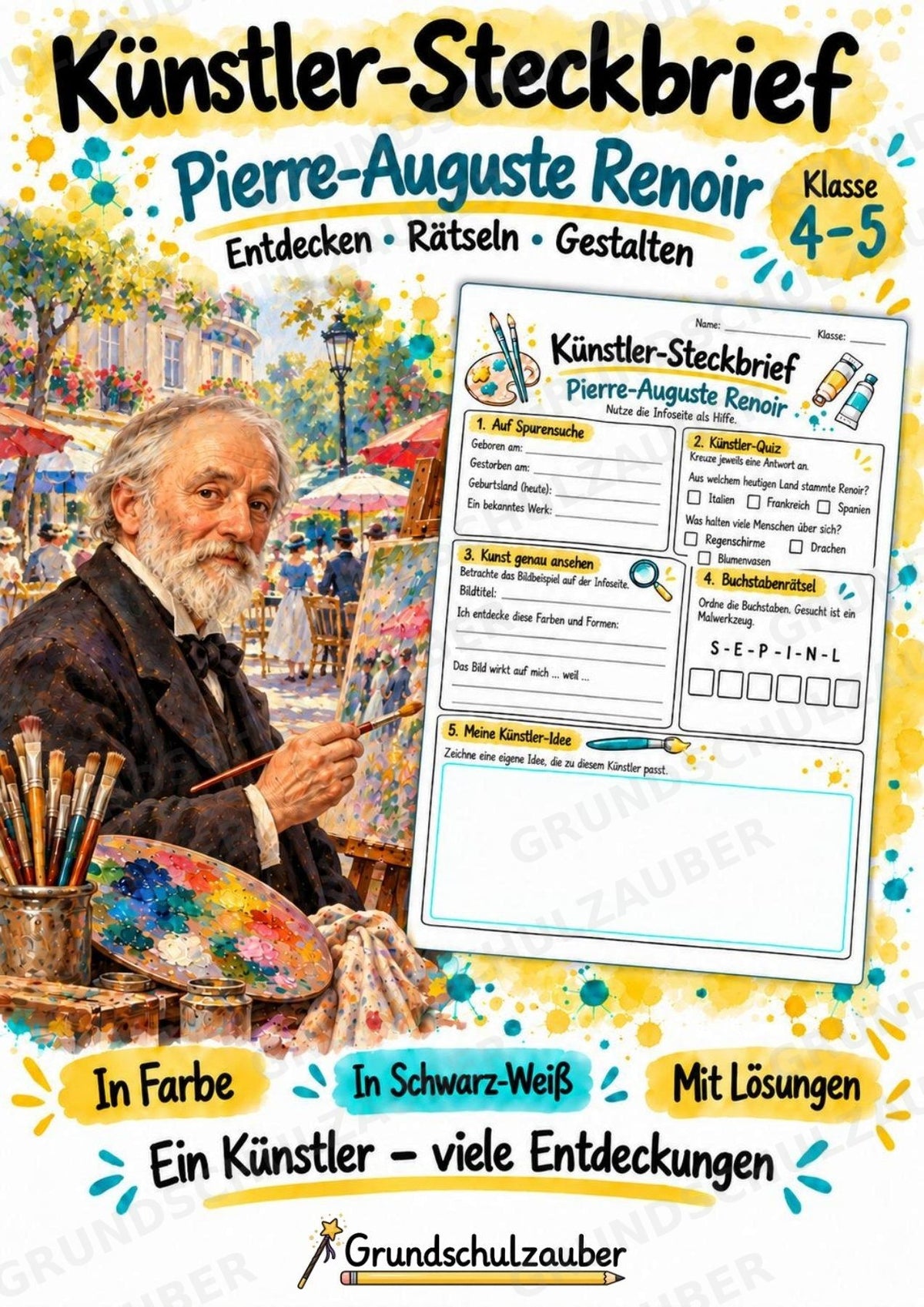 Pierre Auguste Renoir – Künstler-Steckbrief & Infotext | Kunstunterricht Grundschule Klasse 4–5 | Arbeitsblätter mit Lösungen – Cover
