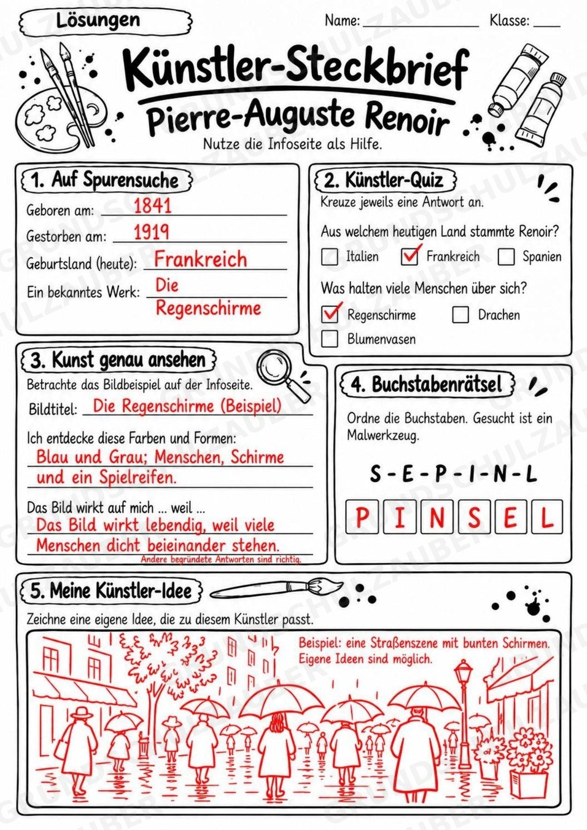 Pierre Auguste Renoir – Künstler-Steckbrief & Infotext | Kunstunterricht Grundschule Klasse 4–5 | Arbeitsblätter mit Lösungen – Materialseite 5
