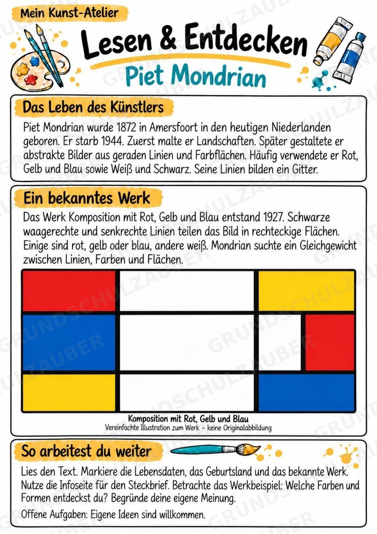Piet Mondrian – Künstler-Steckbrief & Infotext | Kunstunterricht Grundschule Klasse 4–5 | Arbeitsblätter mit Lösungen – Materialseite 2