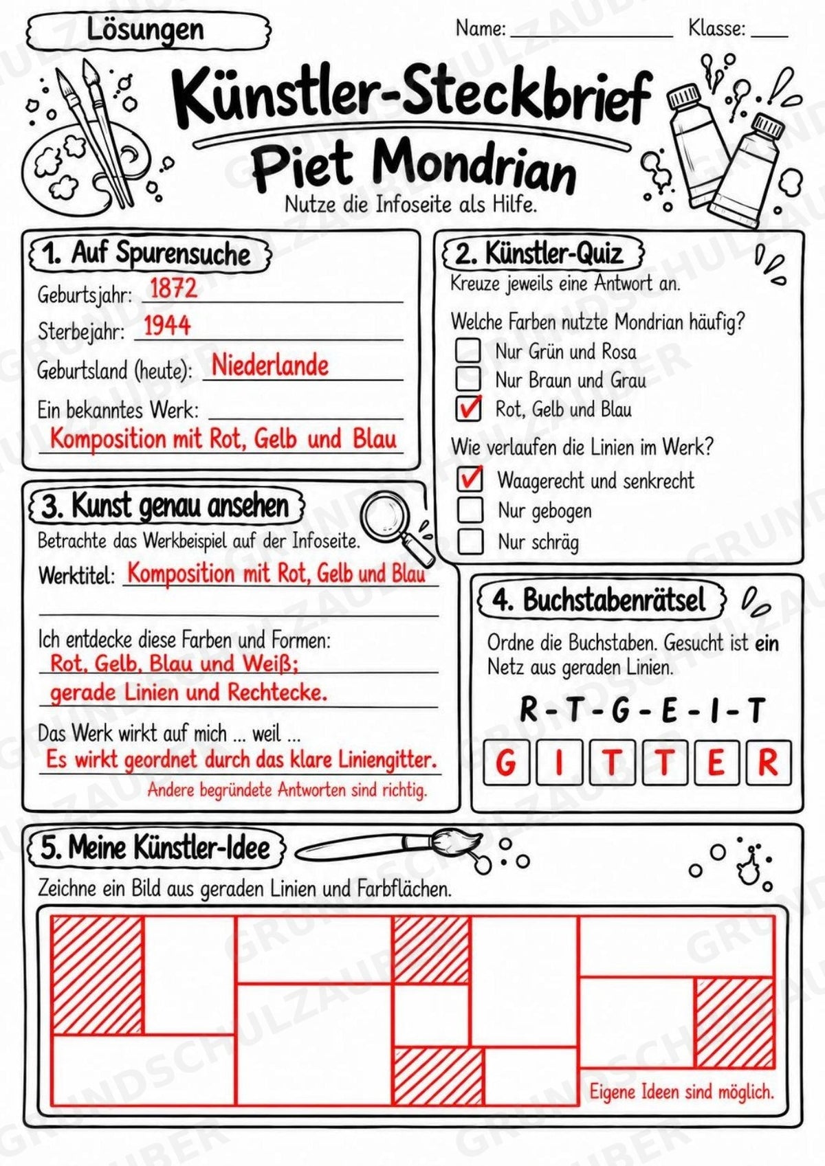 Piet Mondrian – Künstler-Steckbrief & Infotext | Kunstunterricht Grundschule Klasse 4–5 | Arbeitsblätter mit Lösungen – Materialseite 5