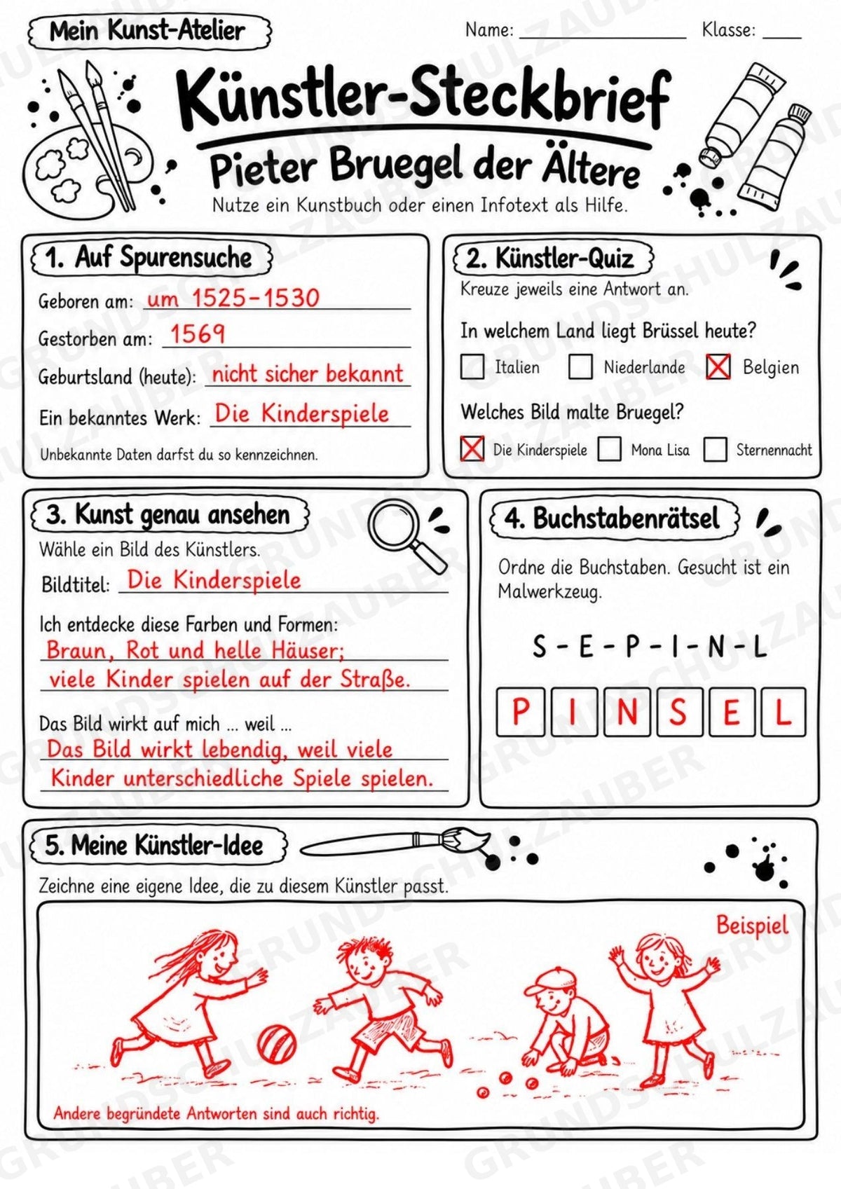 Pieter Bruegel der A ltere – Künstler-Steckbrief & Infotext | Kunstunterricht Grundschule Klasse 4–5 | Arbeitsblätter mit Lösungen – Materialseite 5