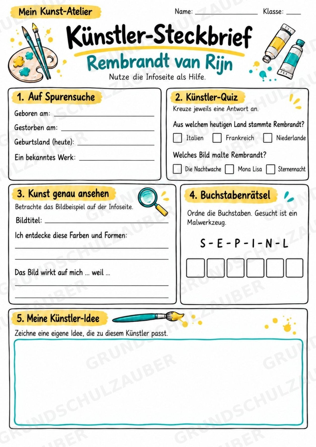 Rembrandt van Rijn – Künstler-Steckbrief & Infotext | Kunstunterricht Grundschule Klasse 4–5 | Arbeitsblätter mit Lösungen – Materialseite 3