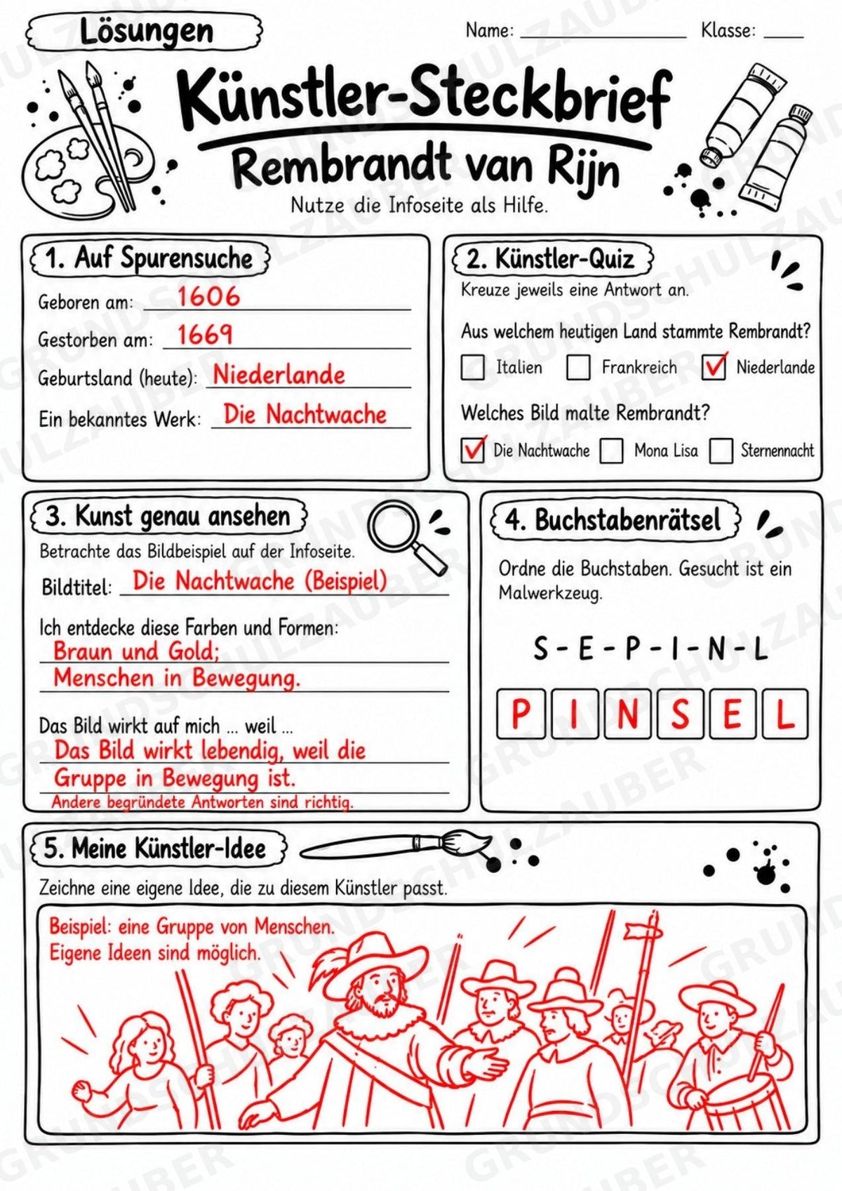 Rembrandt van Rijn – Künstler-Steckbrief & Infotext | Kunstunterricht Grundschule Klasse 4–5 | Arbeitsblätter mit Lösungen – Materialseite 5