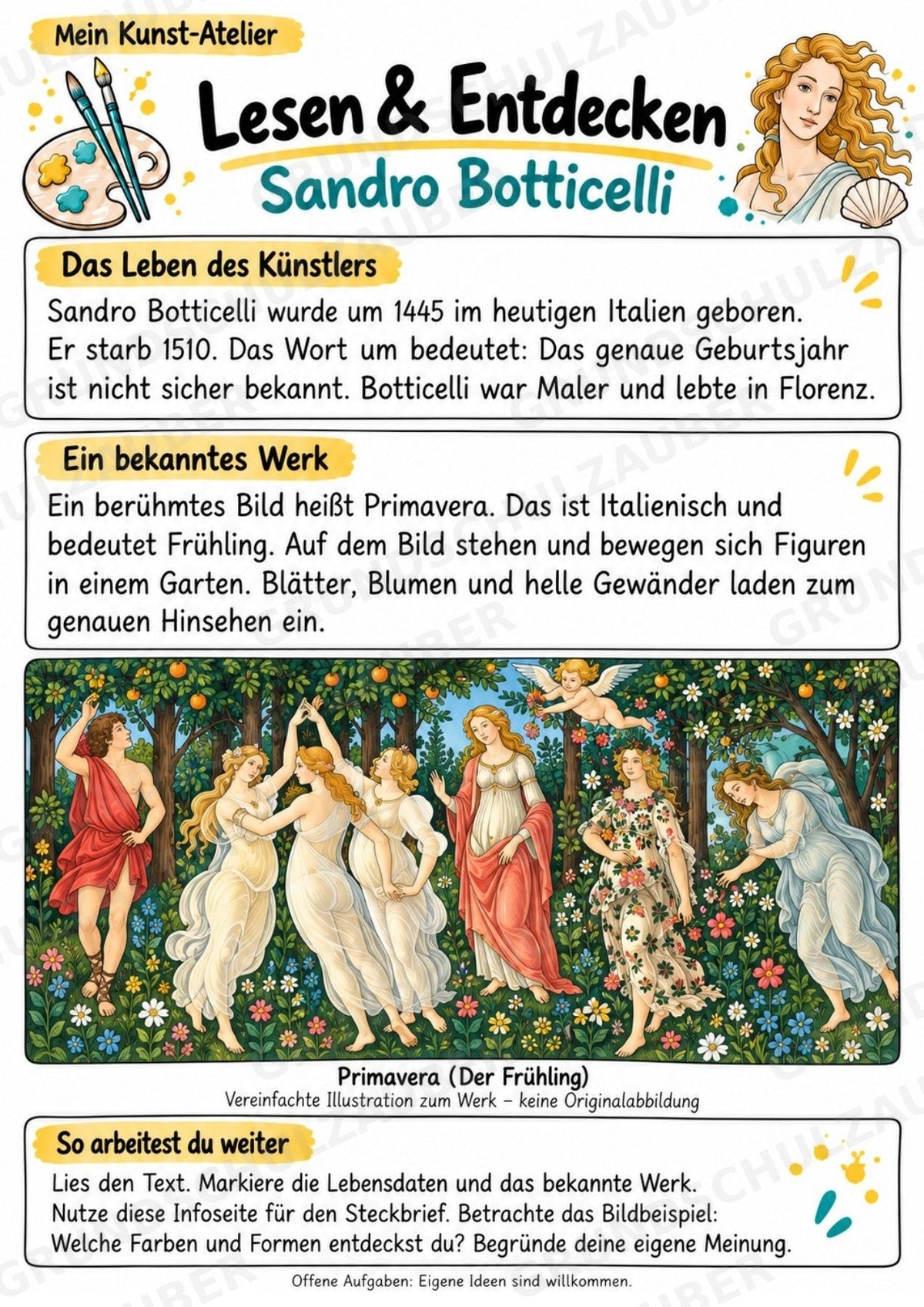 Sandro Botticelli – Künstler-Steckbrief & Infotext | Kunstunterricht Grundschule Klasse 4–5 | Arbeitsblätter mit Lösungen – Materialseite 2