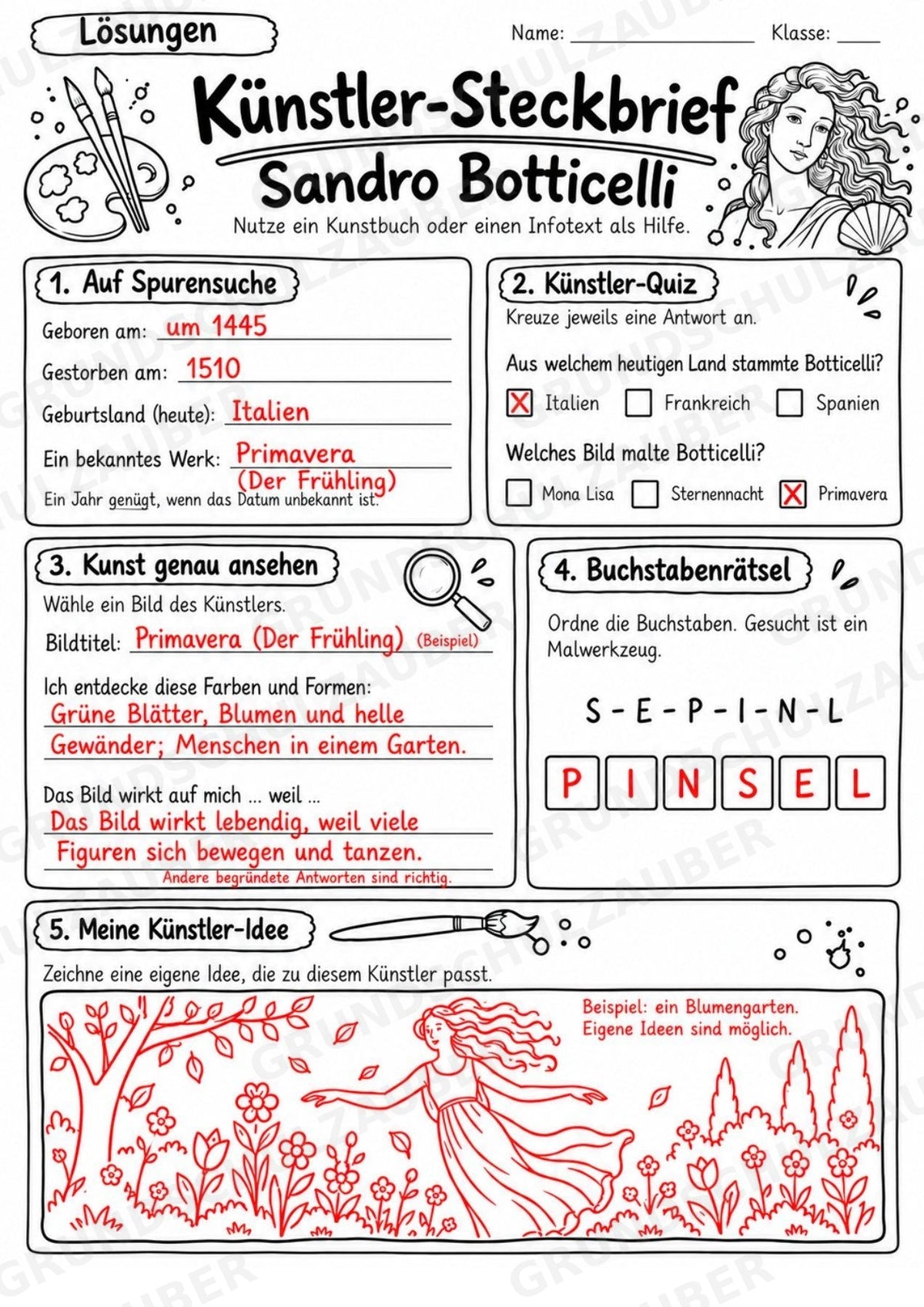 Sandro Botticelli – Künstler-Steckbrief & Infotext | Kunstunterricht Grundschule Klasse 4–5 | Arbeitsblätter mit Lösungen – Materialseite 5