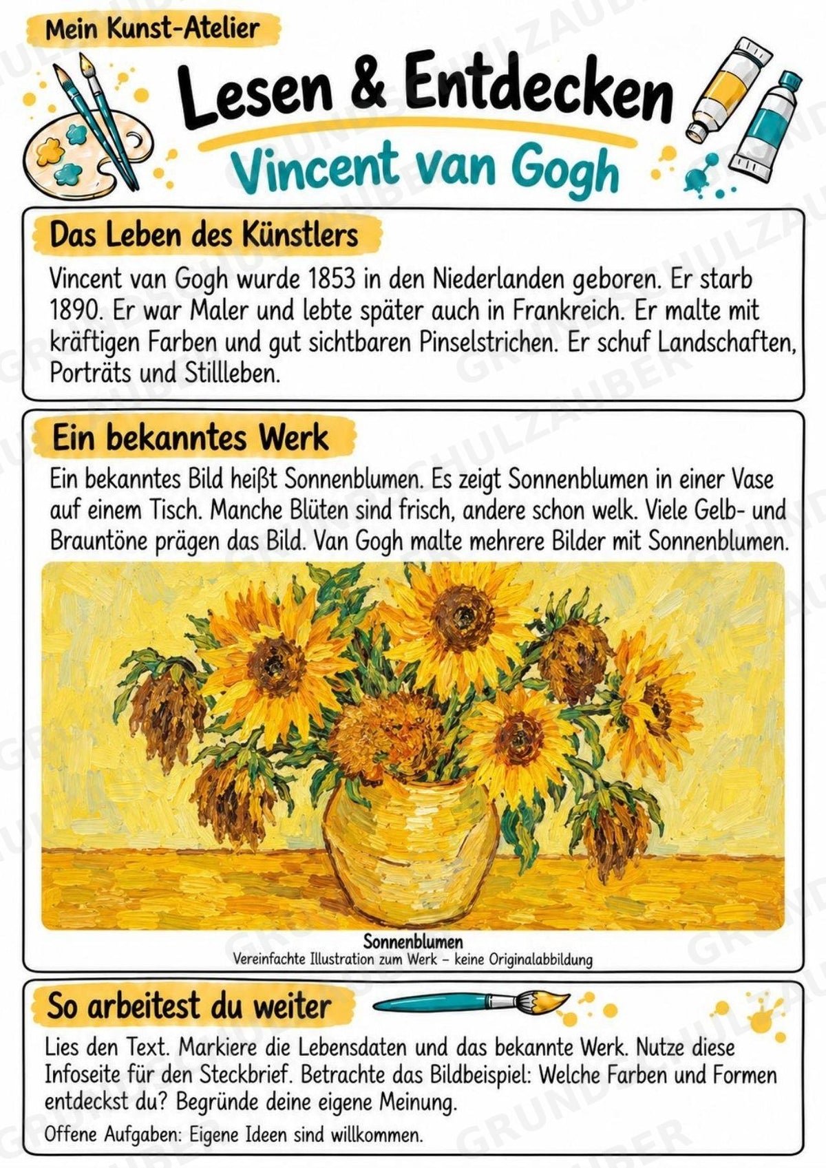 Vincent van Gogh – Künstler-Steckbrief & Infotext | Kunstunterricht Grundschule Klasse 4–5 | Arbeitsblätter mit Lösungen – Materialseite 2