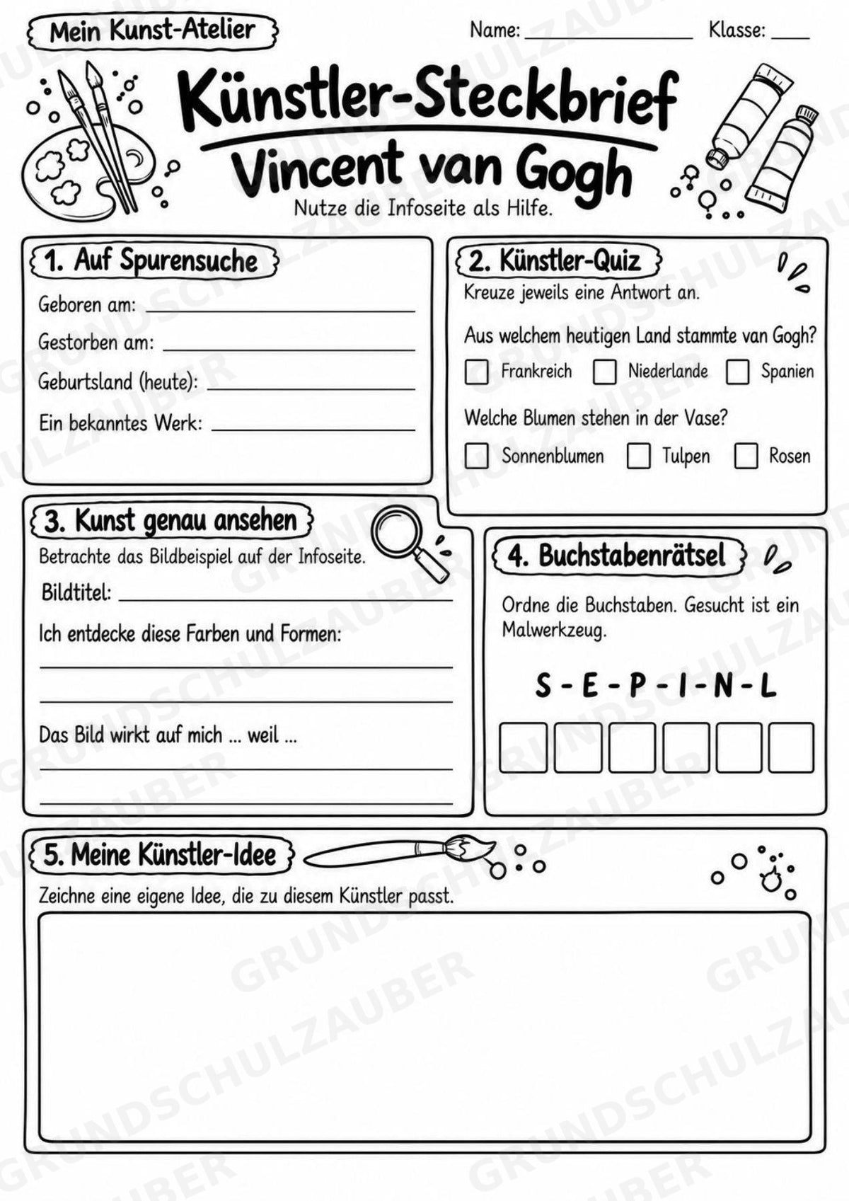 Vincent van Gogh – Künstler-Steckbrief & Infotext | Kunstunterricht Grundschule Klasse 4–5 | Arbeitsblätter mit Lösungen – Materialseite 4