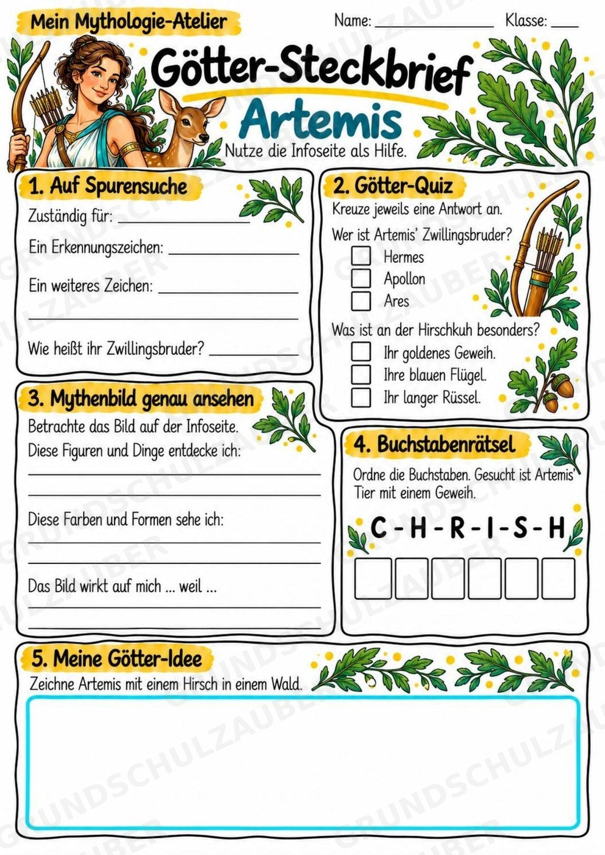 Artemis – Griechische Götter: Steckbrief & Infotext | Arbeitsblätter mit Lösungen | Klasse 4–5 – Materialseite 3