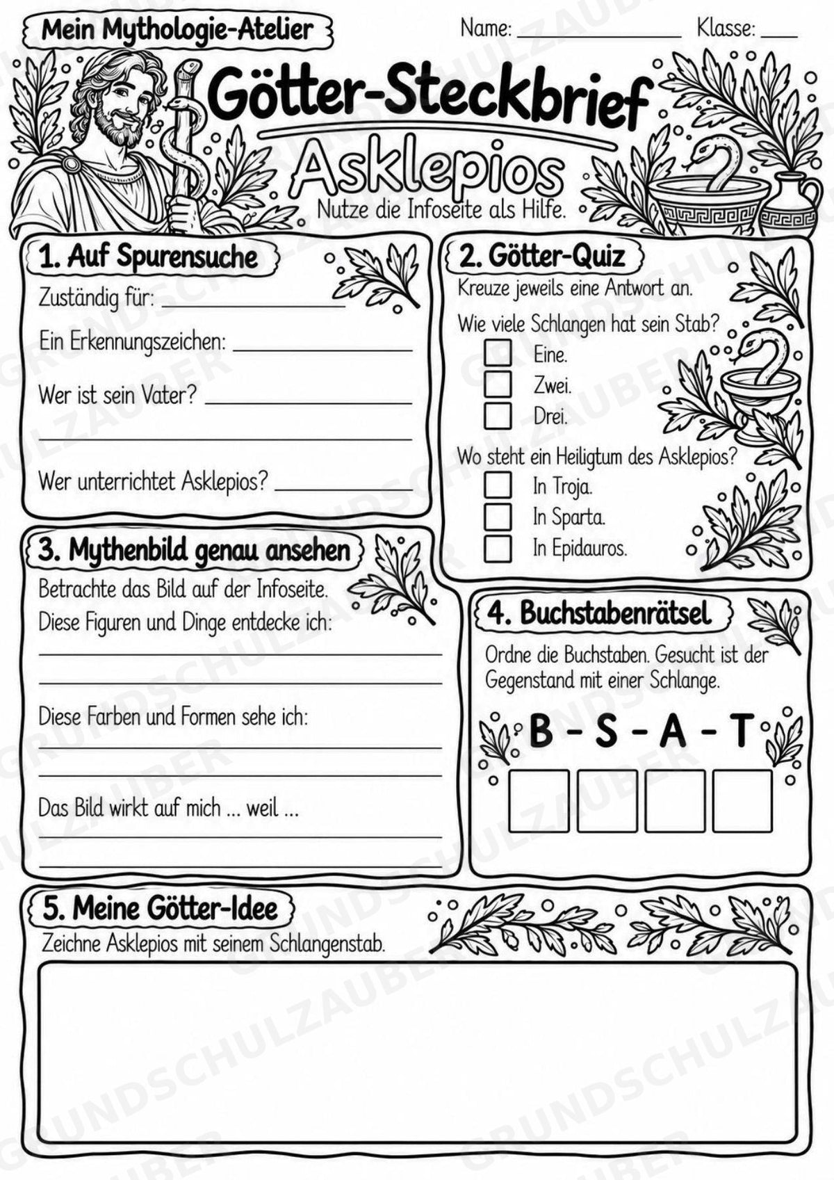 Asklepios – Griechische Götter: Steckbrief & Infotext | Arbeitsblätter mit Lösungen | Klasse 4–5 – Materialseite 4