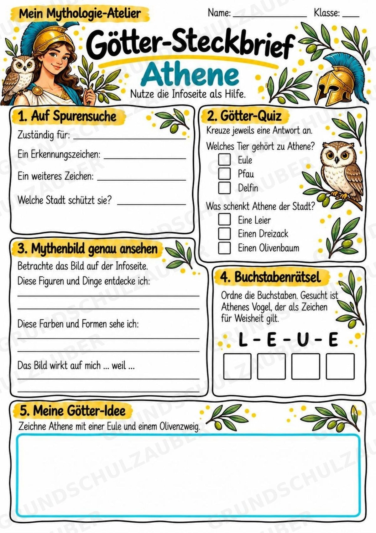 Athene – Griechische Götter: Steckbrief & Infotext | Arbeitsblätter mit Lösungen | Klasse 4–5 – Materialseite 3