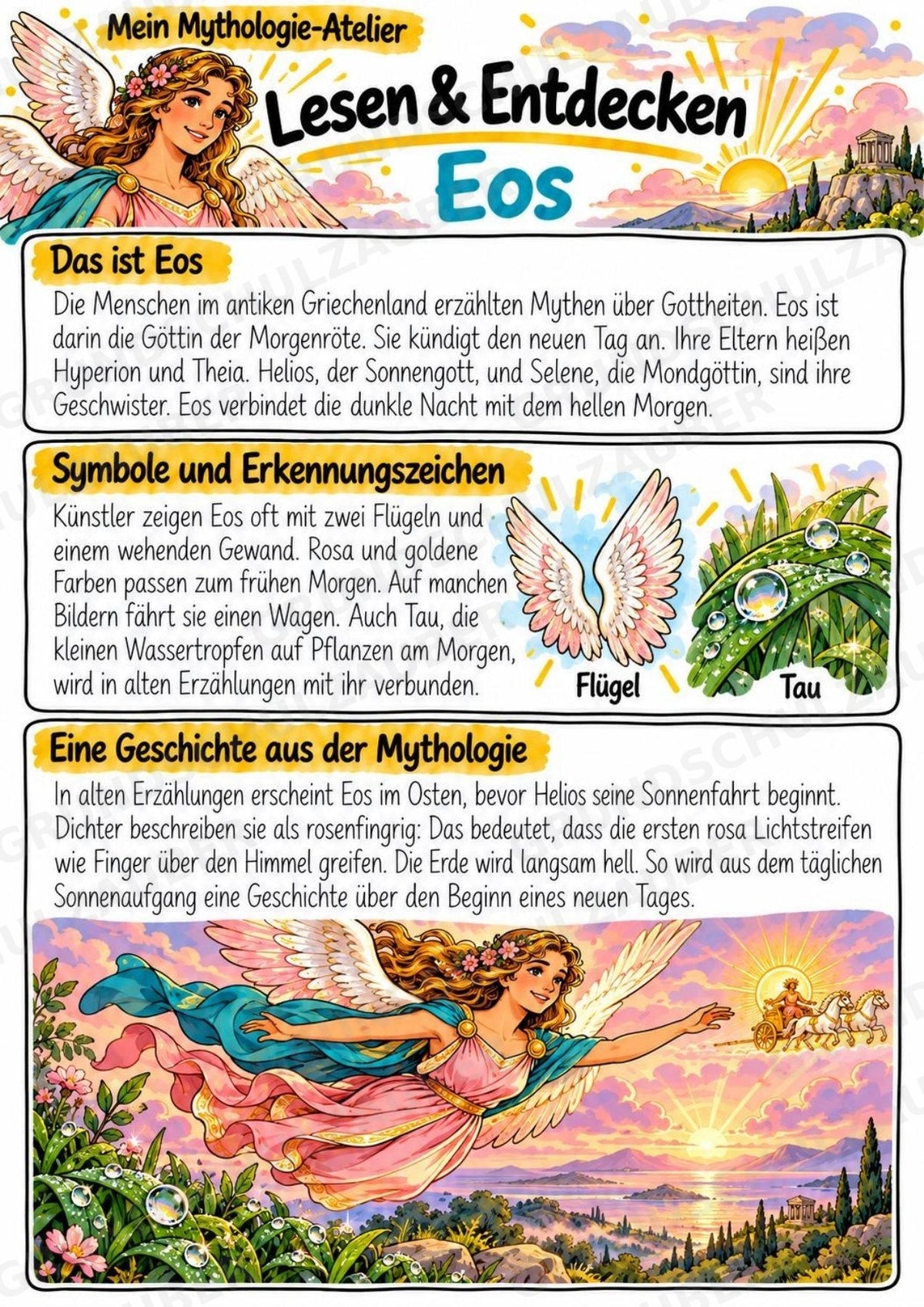 Eos – Griechische Götter: Steckbrief & Infotext | Arbeitsblätter mit Lösungen | Klasse 4–5 – Materialseite 2