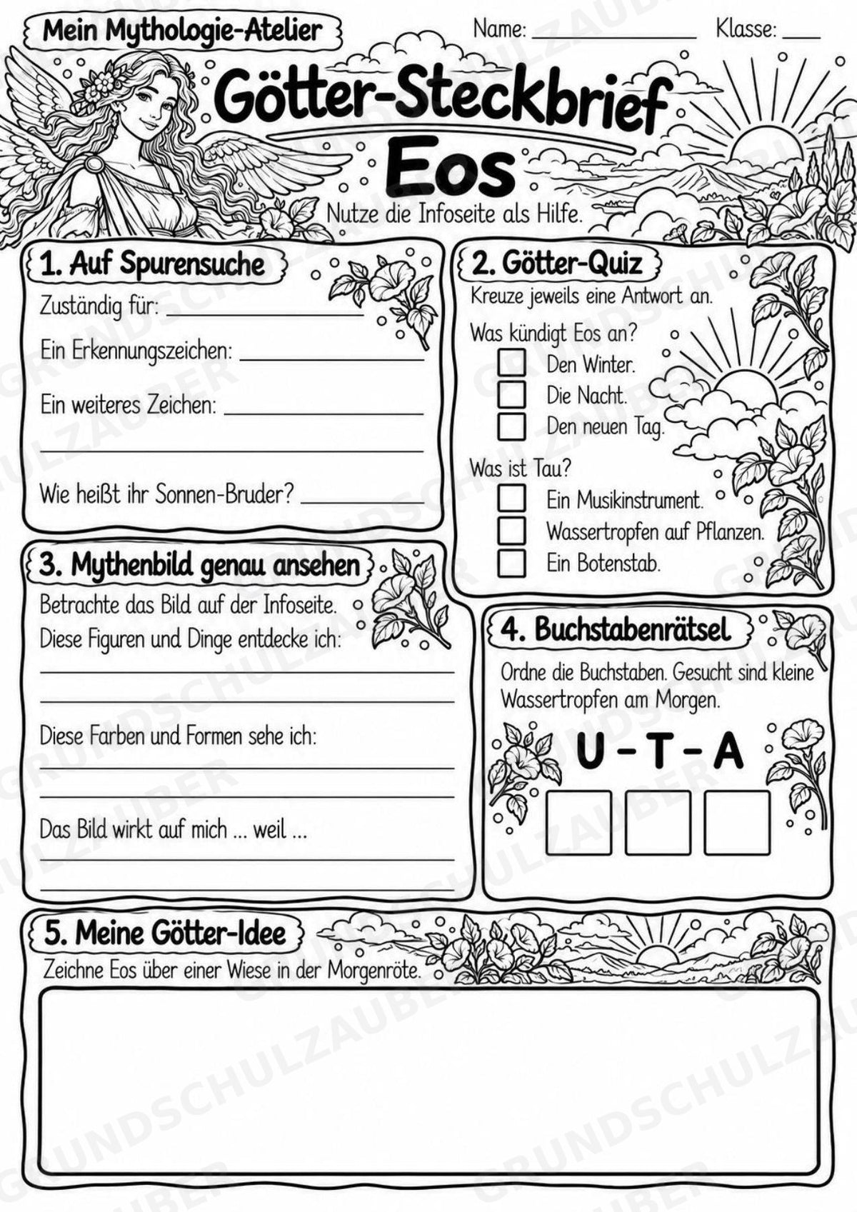 Eos – Griechische Götter: Steckbrief & Infotext | Arbeitsblätter mit Lösungen | Klasse 4–5 – Materialseite 4