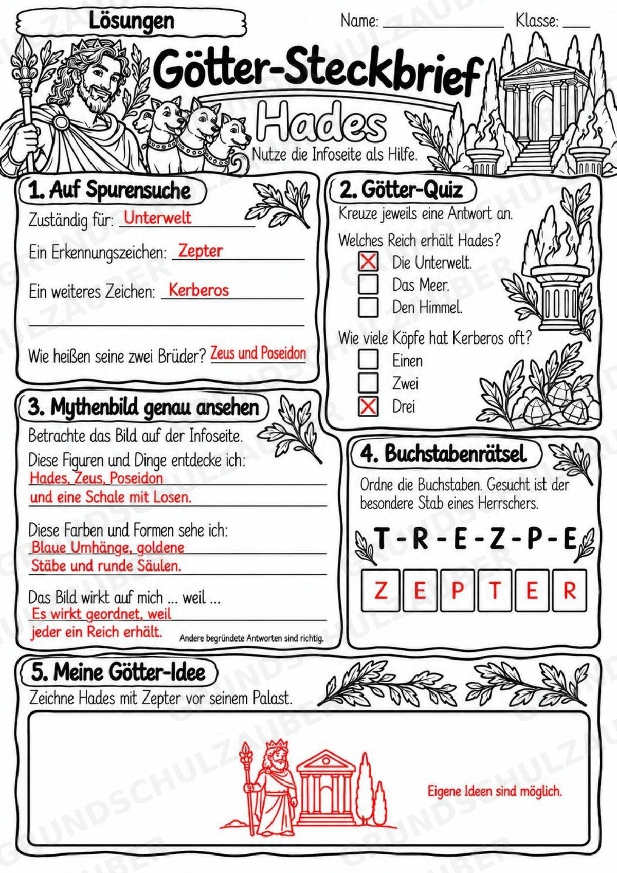 Hades – Griechische Götter: Steckbrief & Infotext | Arbeitsblätter mit Lösungen | Klasse 4–5 – Materialseite 5