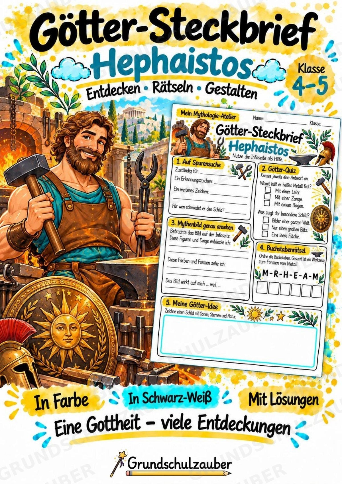 Hephaistos – Griechische Götter: Steckbrief & Infotext | Arbeitsblätter mit Lösungen | Klasse 4–5 – Cover