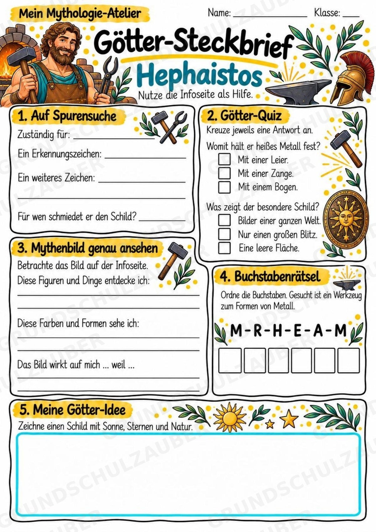 Hephaistos – Griechische Götter: Steckbrief & Infotext | Arbeitsblätter mit Lösungen | Klasse 4–5 – Materialseite 3