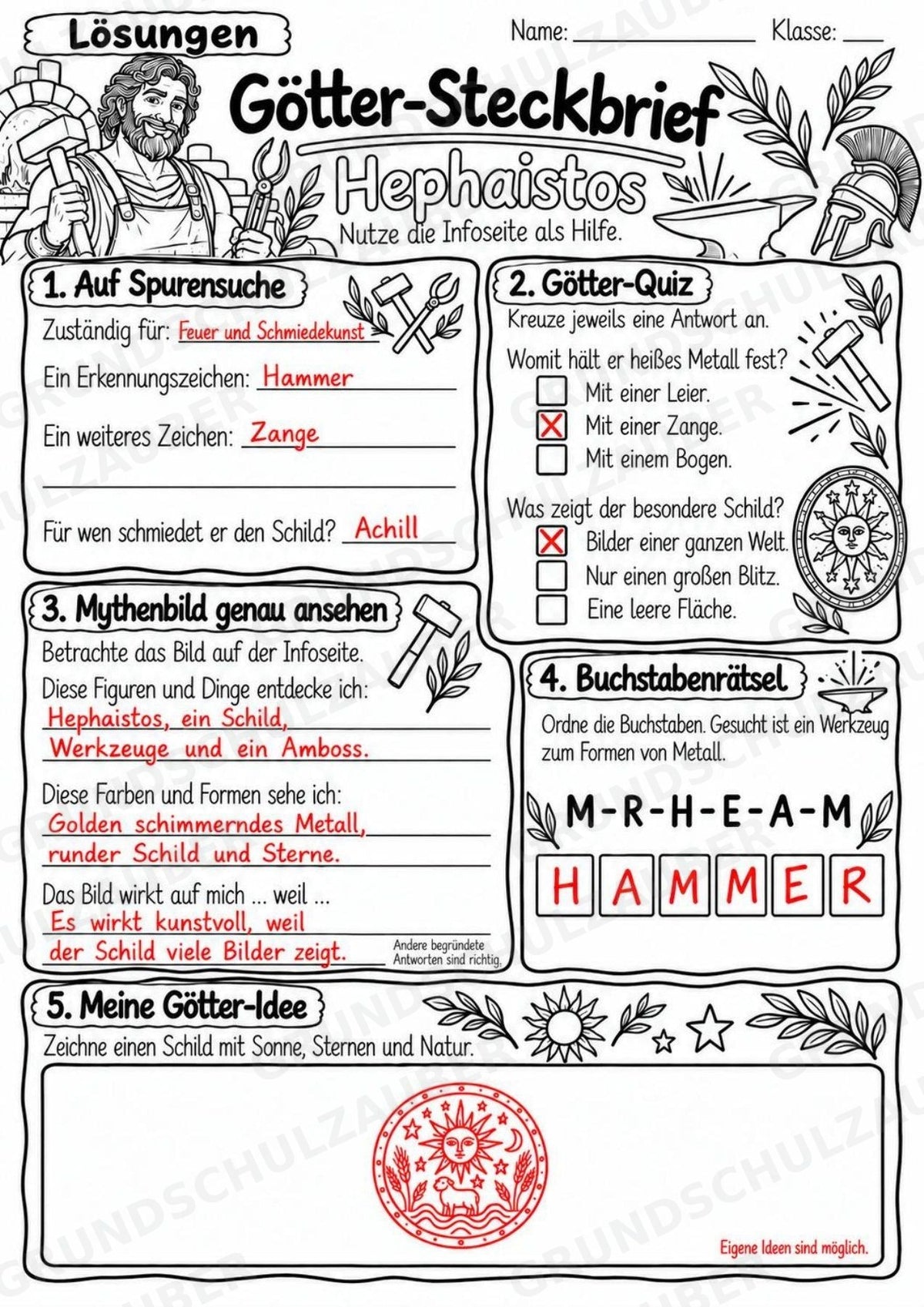 Hephaistos – Griechische Götter: Steckbrief & Infotext | Arbeitsblätter mit Lösungen | Klasse 4–5 – Materialseite 5