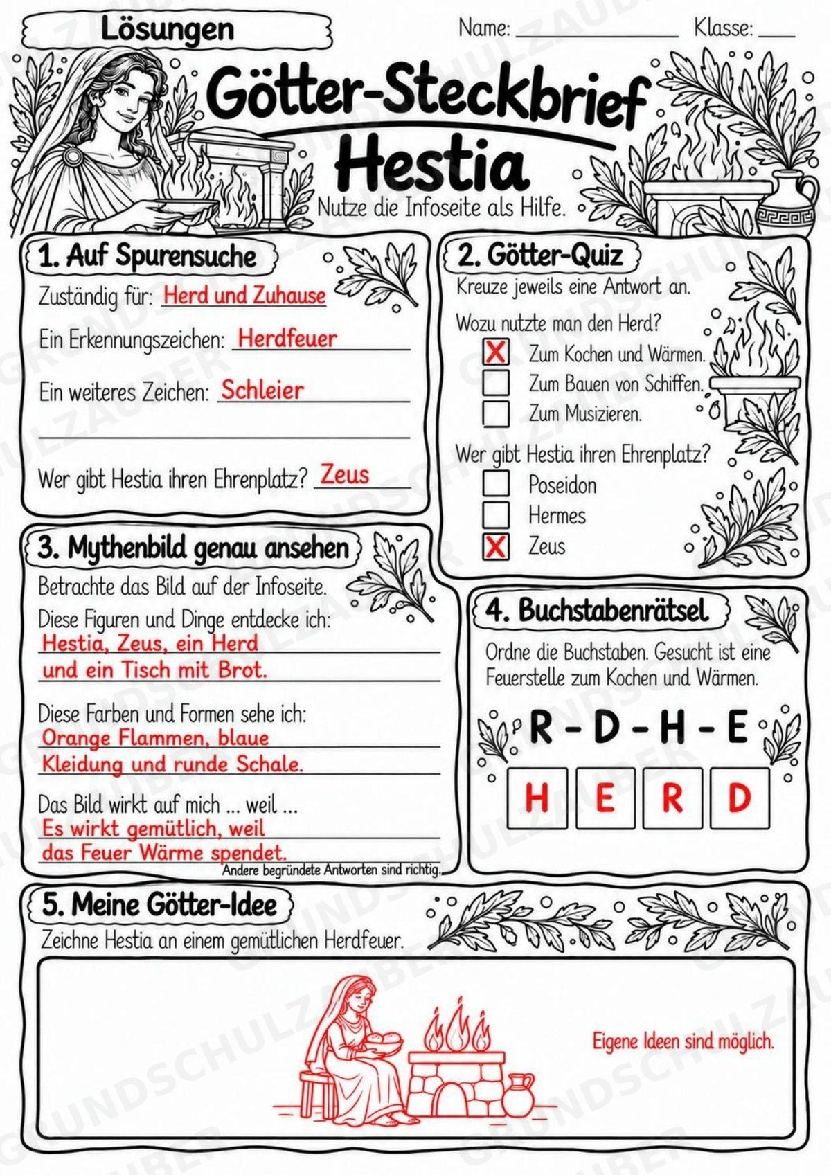 Hestia – Griechische Götter: Steckbrief & Infotext | Arbeitsblätter mit Lösungen | Klasse 4–5 – Materialseite 5