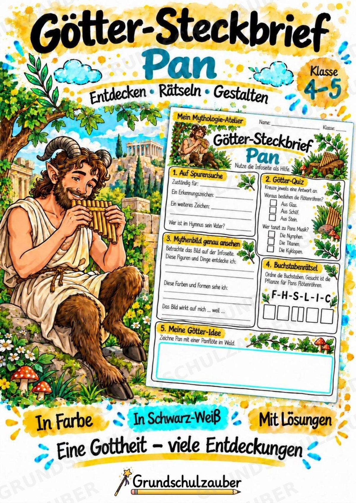Pan – Griechische Götter: Steckbrief & Infotext | Arbeitsblätter mit Lösungen | Klasse 4–5 – Cover