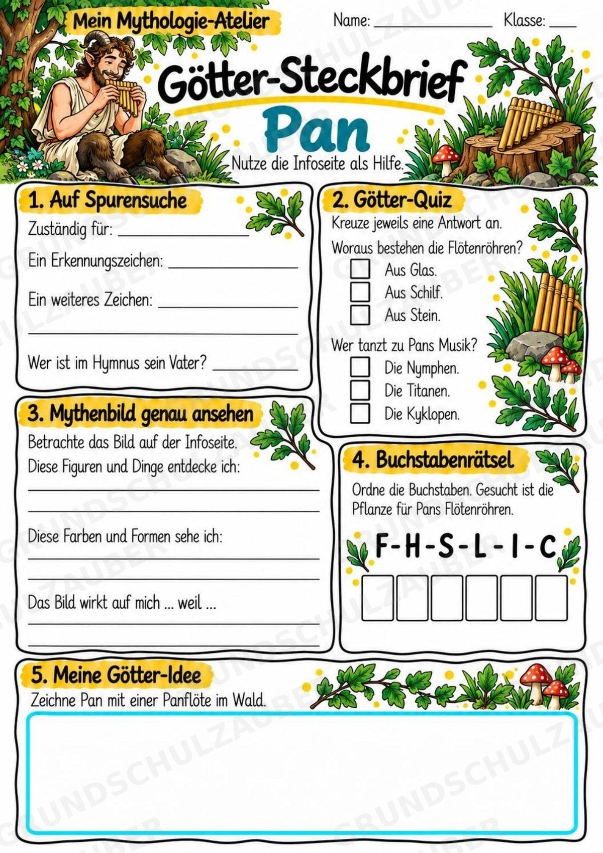 Pan – Griechische Götter: Steckbrief & Infotext | Arbeitsblätter mit Lösungen | Klasse 4–5 – Materialseite 3