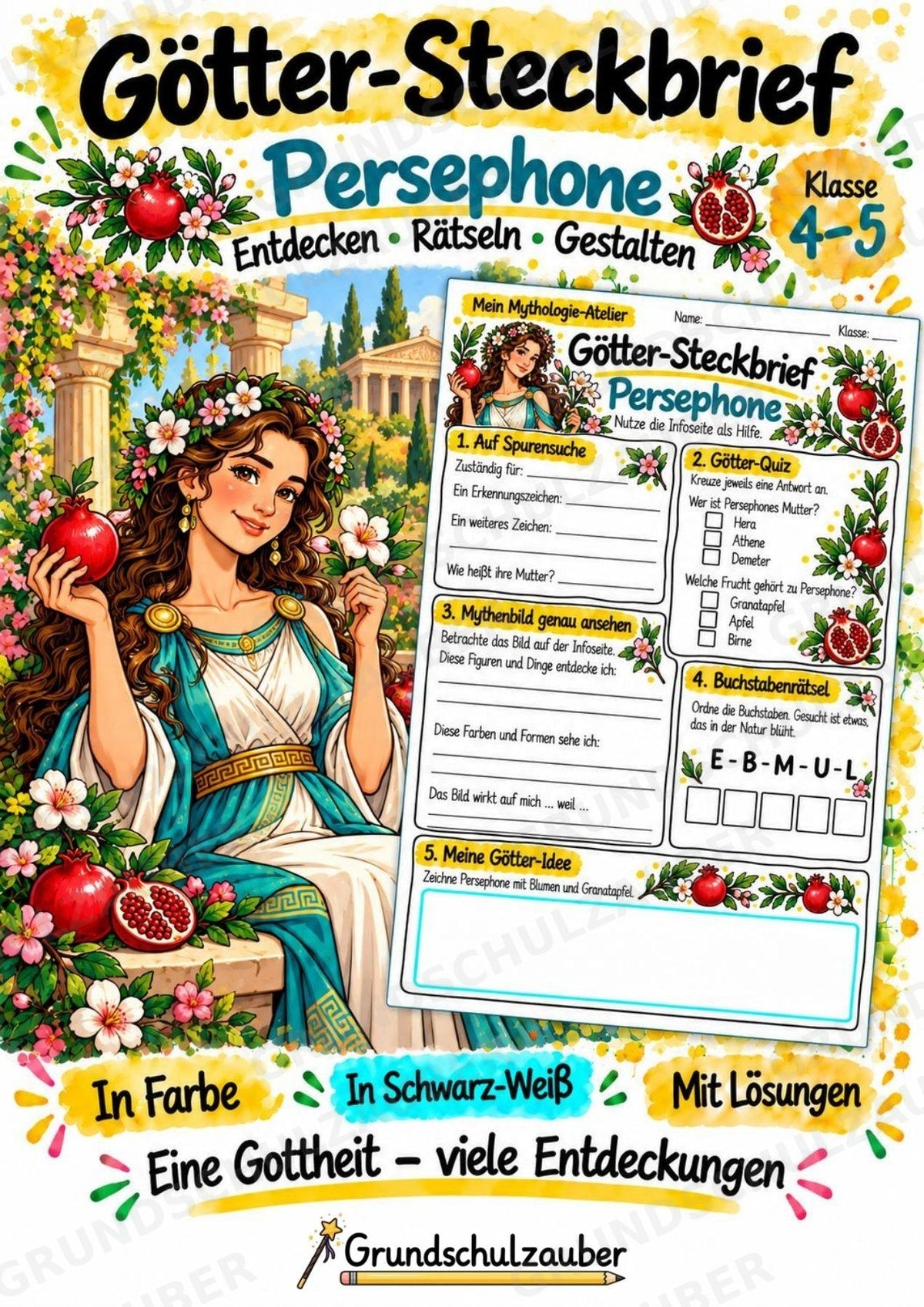 Persephone – Griechische Götter: Steckbrief & Infotext | Arbeitsblätter mit Lösungen | Klasse 4–5 – Cover