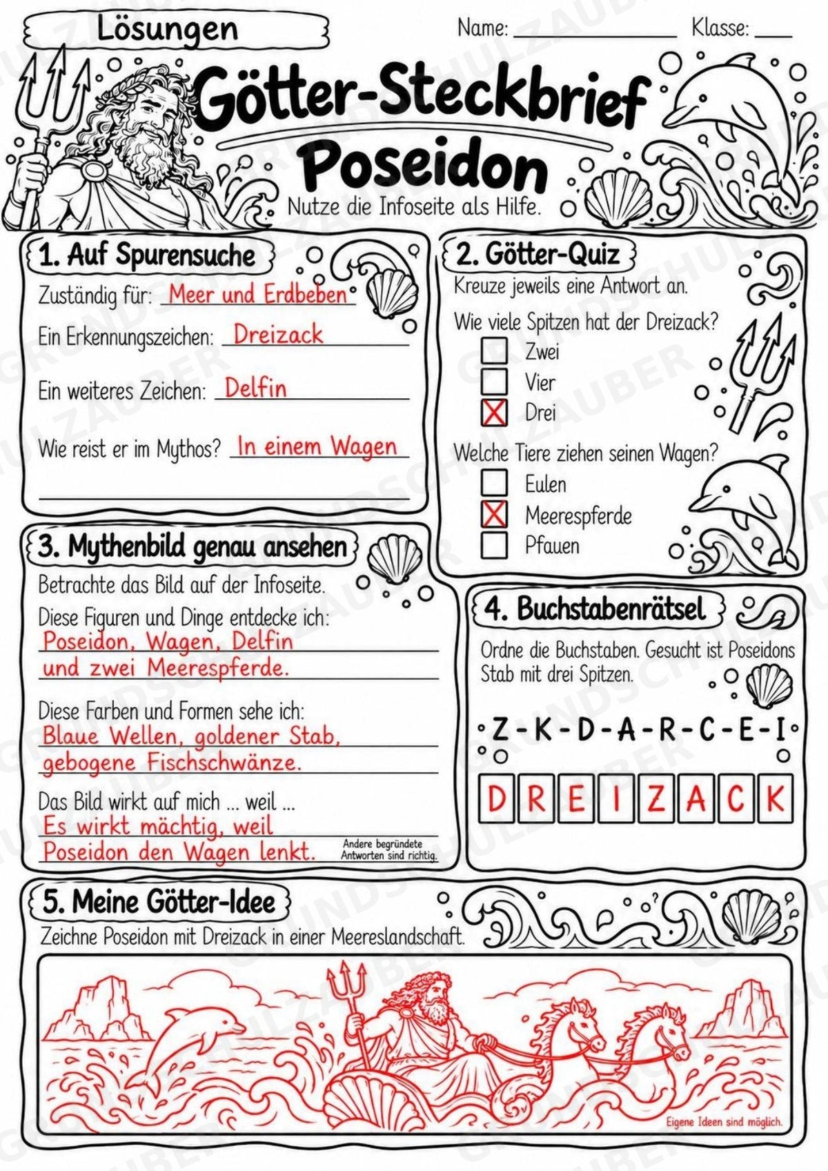 Poseidon – Griechische Götter: Steckbrief & Infotext | Arbeitsblätter mit Lösungen | Klasse 4–5 – Materialseite 5