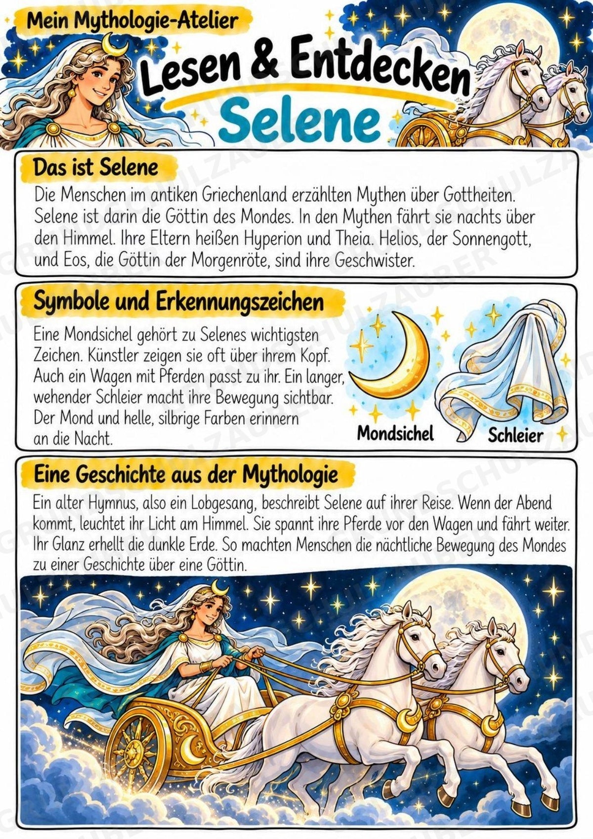 Selene – Griechische Götter: Steckbrief & Infotext | Arbeitsblätter mit Lösungen | Klasse 4–5 – Materialseite 2