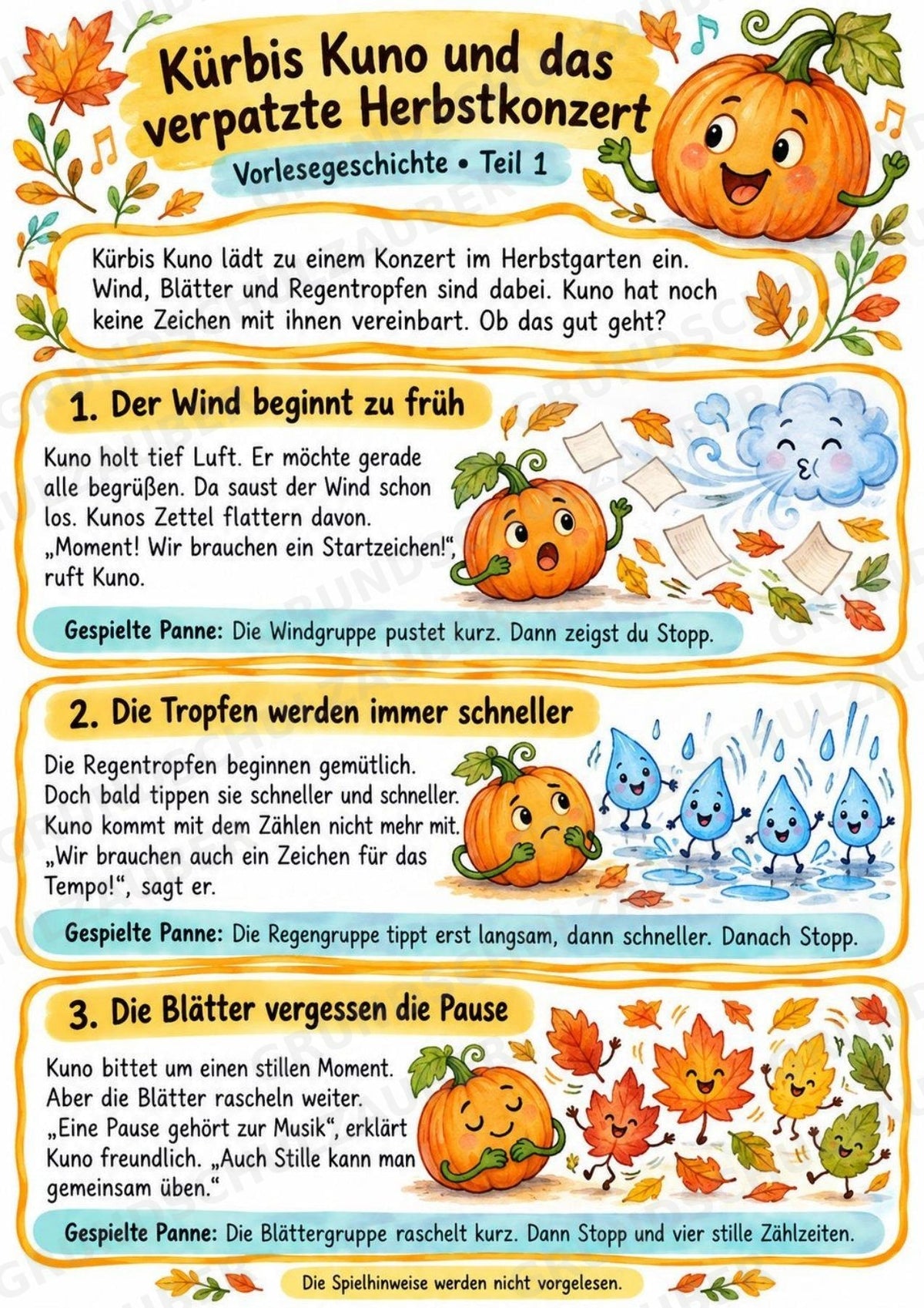 Herbst-Klanggeschichte: Kürbis Kuno und das verpatzte Herbstkonzert | Musik Klasse 1–3 | Dirigierkarten & Bildpartitur – Materialseite 3