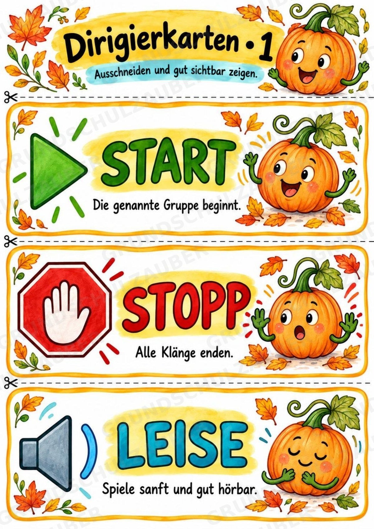 Herbst-Klanggeschichte: Kürbis Kuno und das verpatzte Herbstkonzert | Musik Klasse 1–3 | Dirigierkarten & Bildpartitur – Materialseite 7