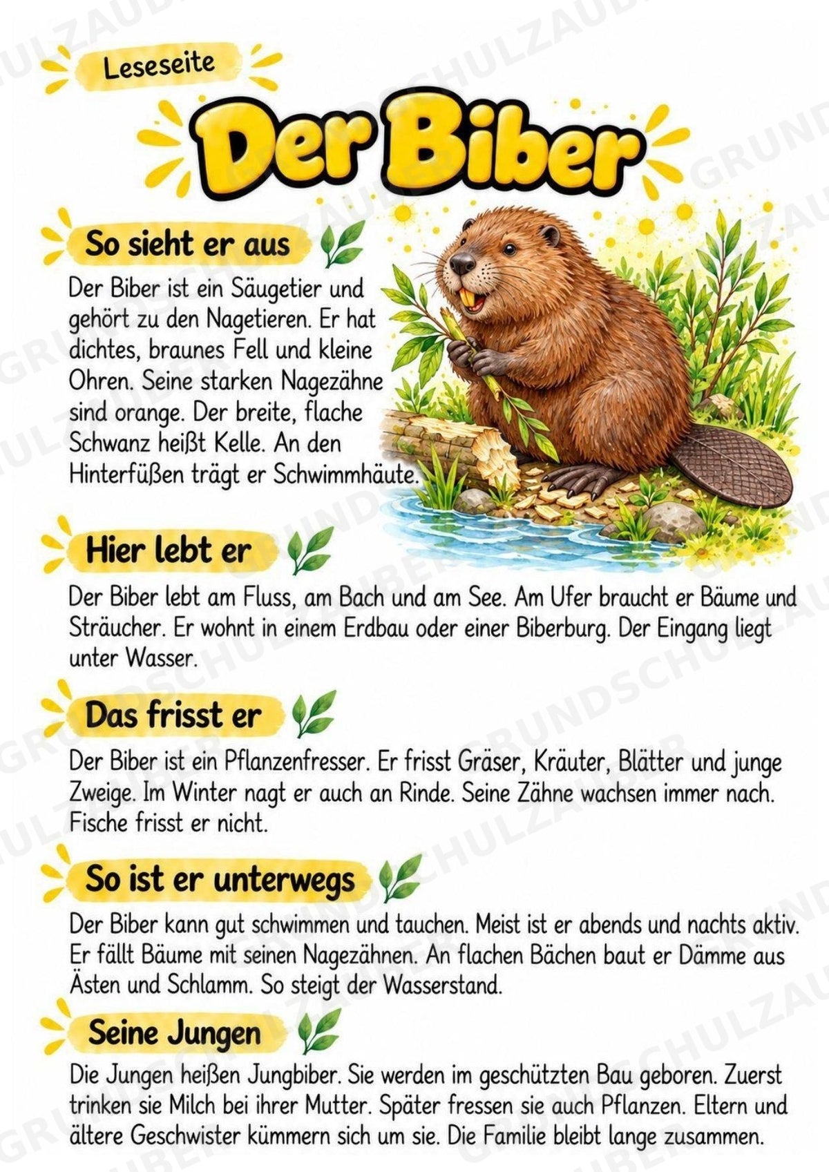 Biber - Lesetext & Steckbrief | Sachunterricht Tiere Grundschule – Materialseite 2