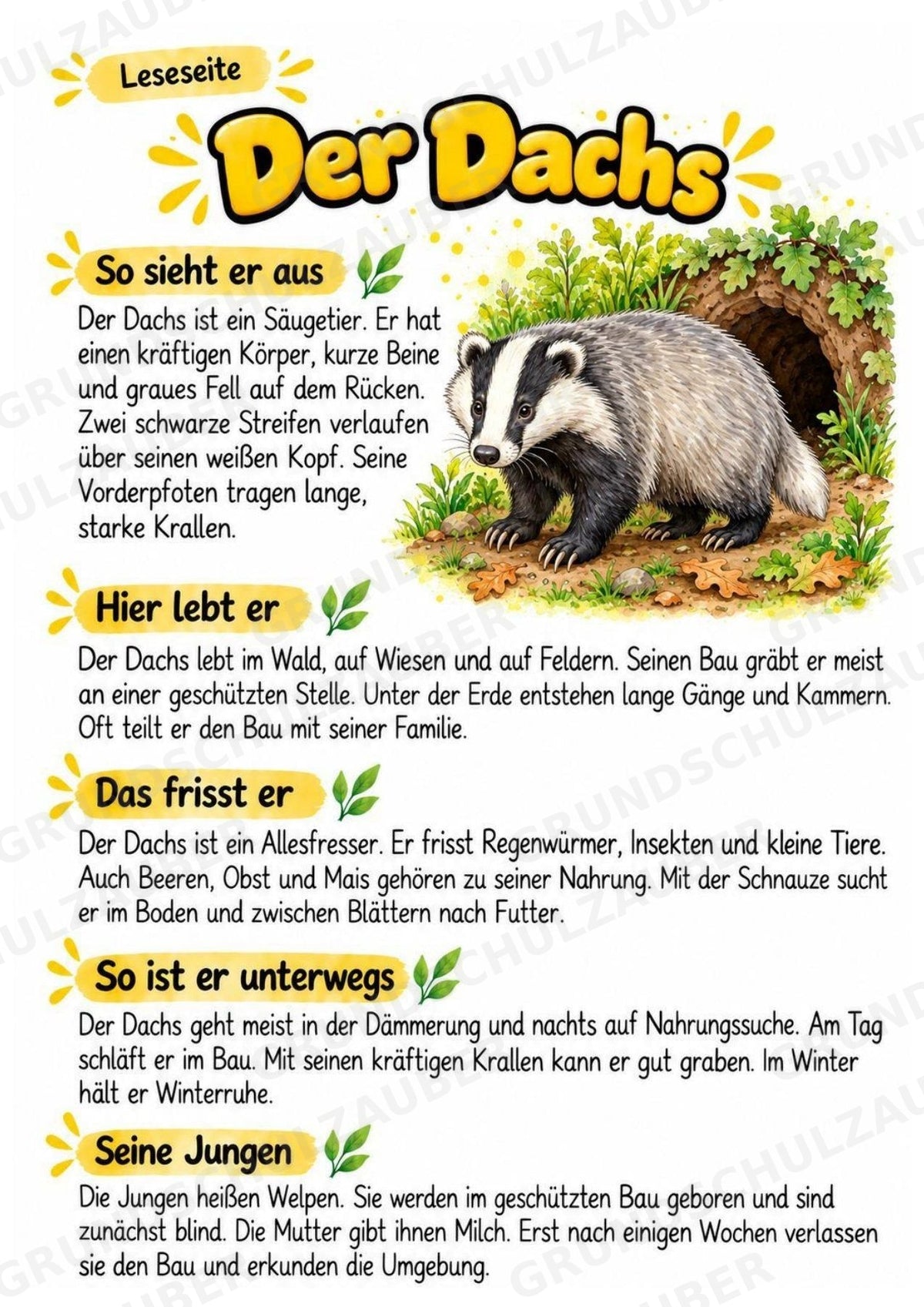 Dachs - Lesetext & Steckbrief | Sachunterricht Tiere Grundschule – Materialseite 2